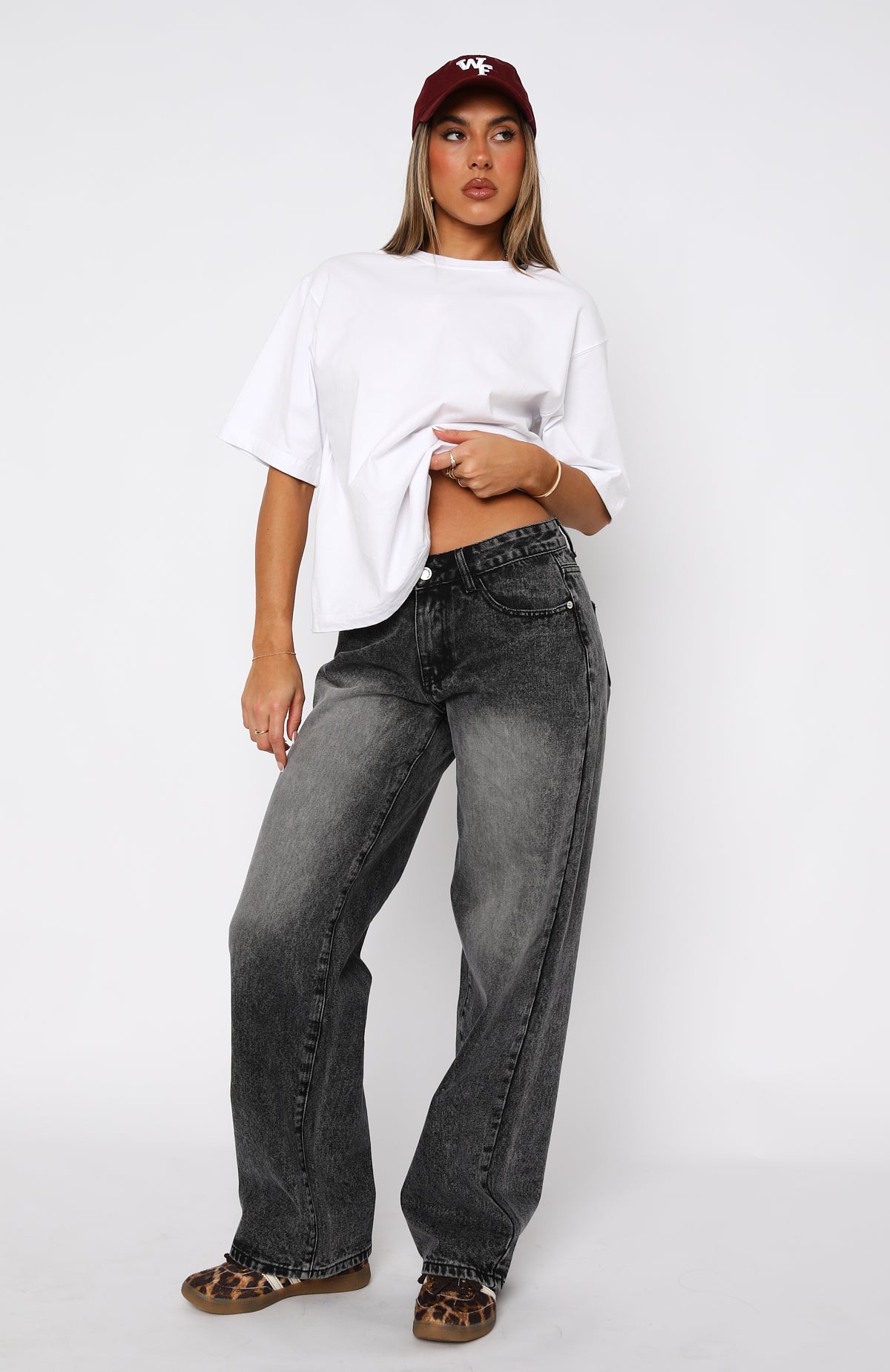 Premium Low Rise Wide Leg Jeans - Grey Acid Wash