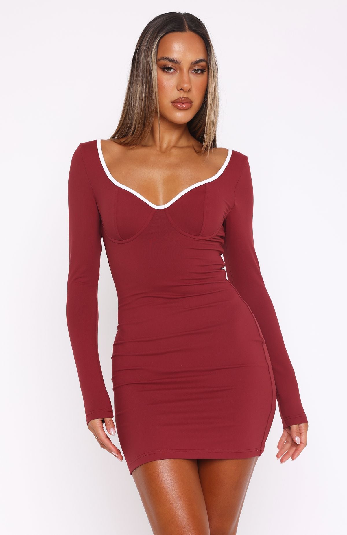 Premium Follow You There Long Sleeve Mini Dress in Wine