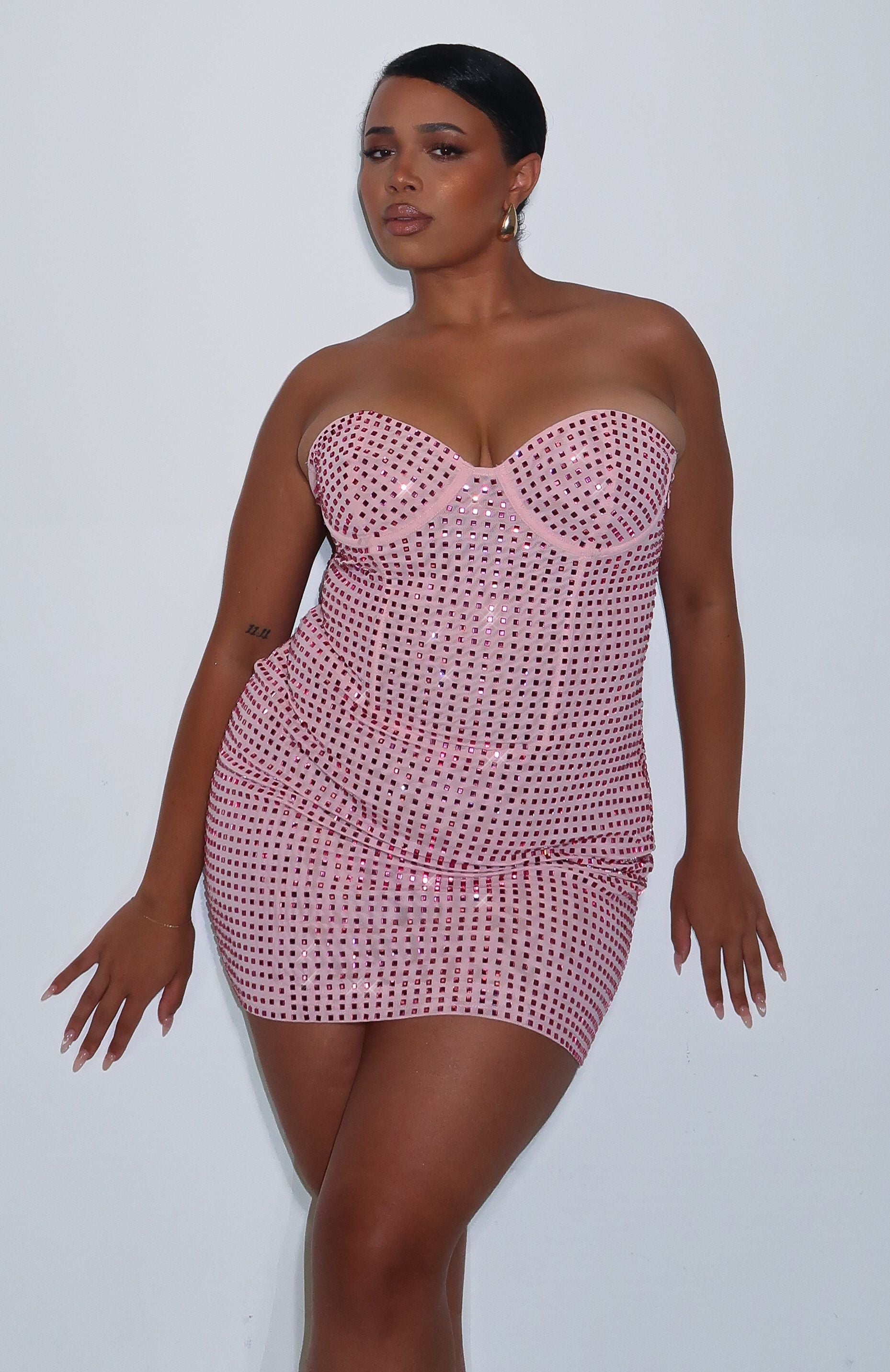 Ultimate Disco Ball Embellished Mini Dress - Baby Pink