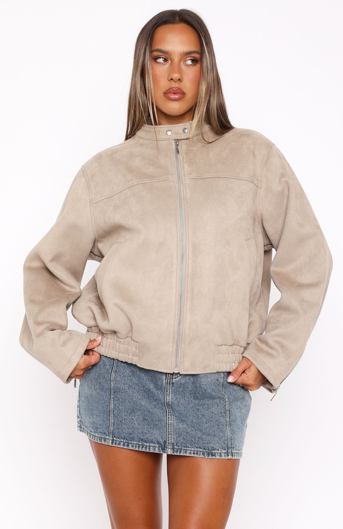 Premium Suede Bomber Jacket - Sand