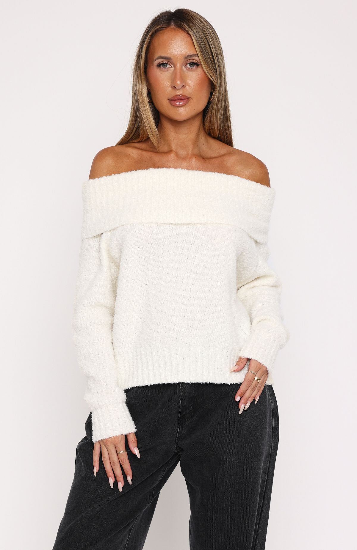 Premium Off-Shoulder Knit Sweater - Ultimate Winter Essential in Off White