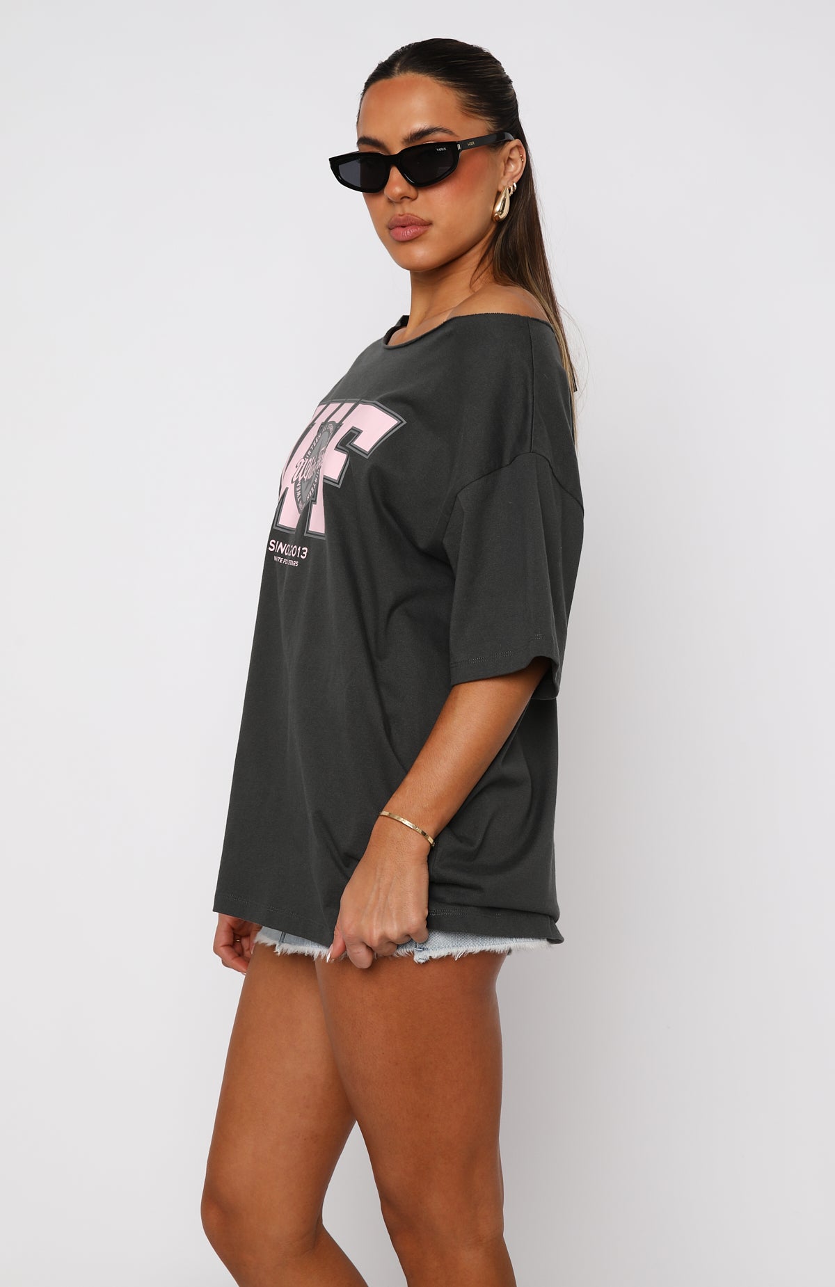 Premium Off-Shoulder Oversized Graphic Tee - Charcoal