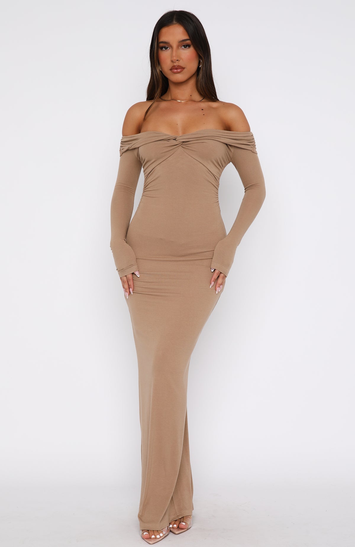 Premium Save It Long Sleeve Maxi Dress in Taupe