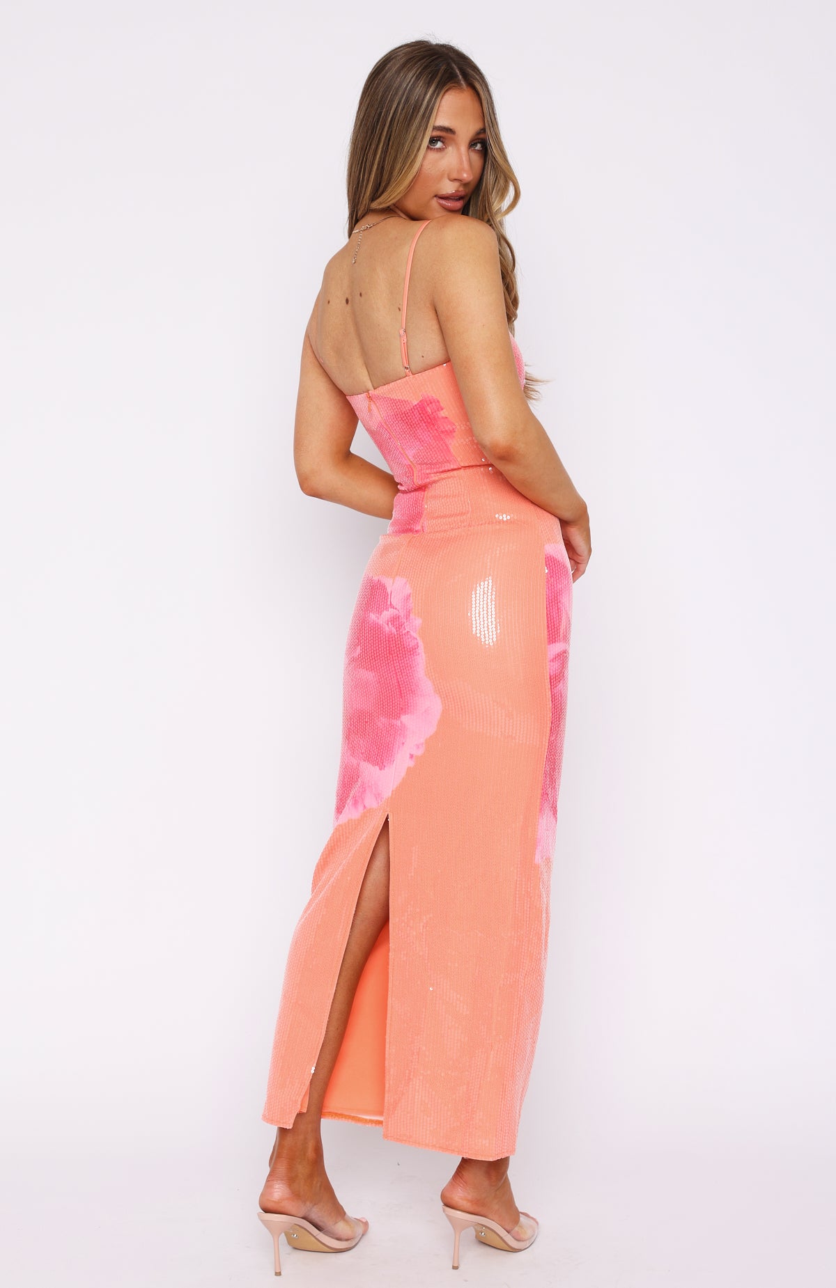 Premium Tangerine Blossom Maxi Dress with Sequin Embellishments