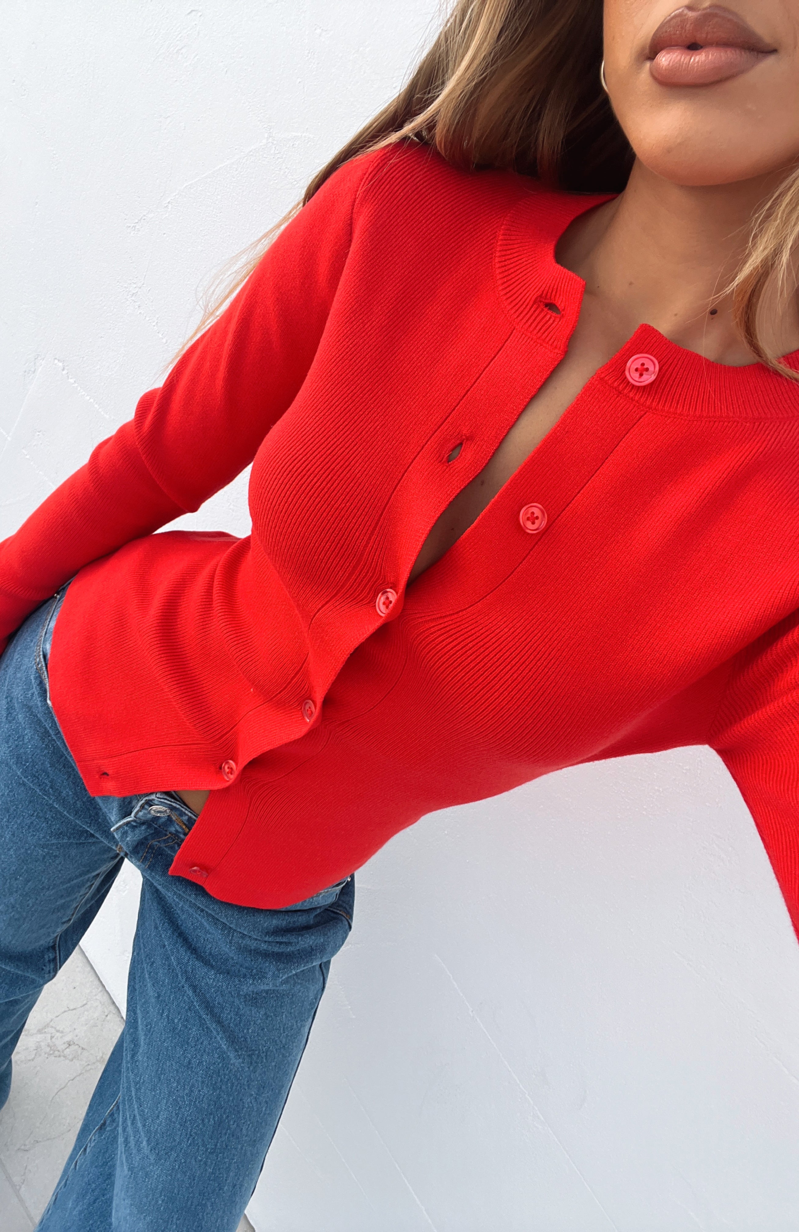 Premium Long Sleeve Knit Cardigan - Red