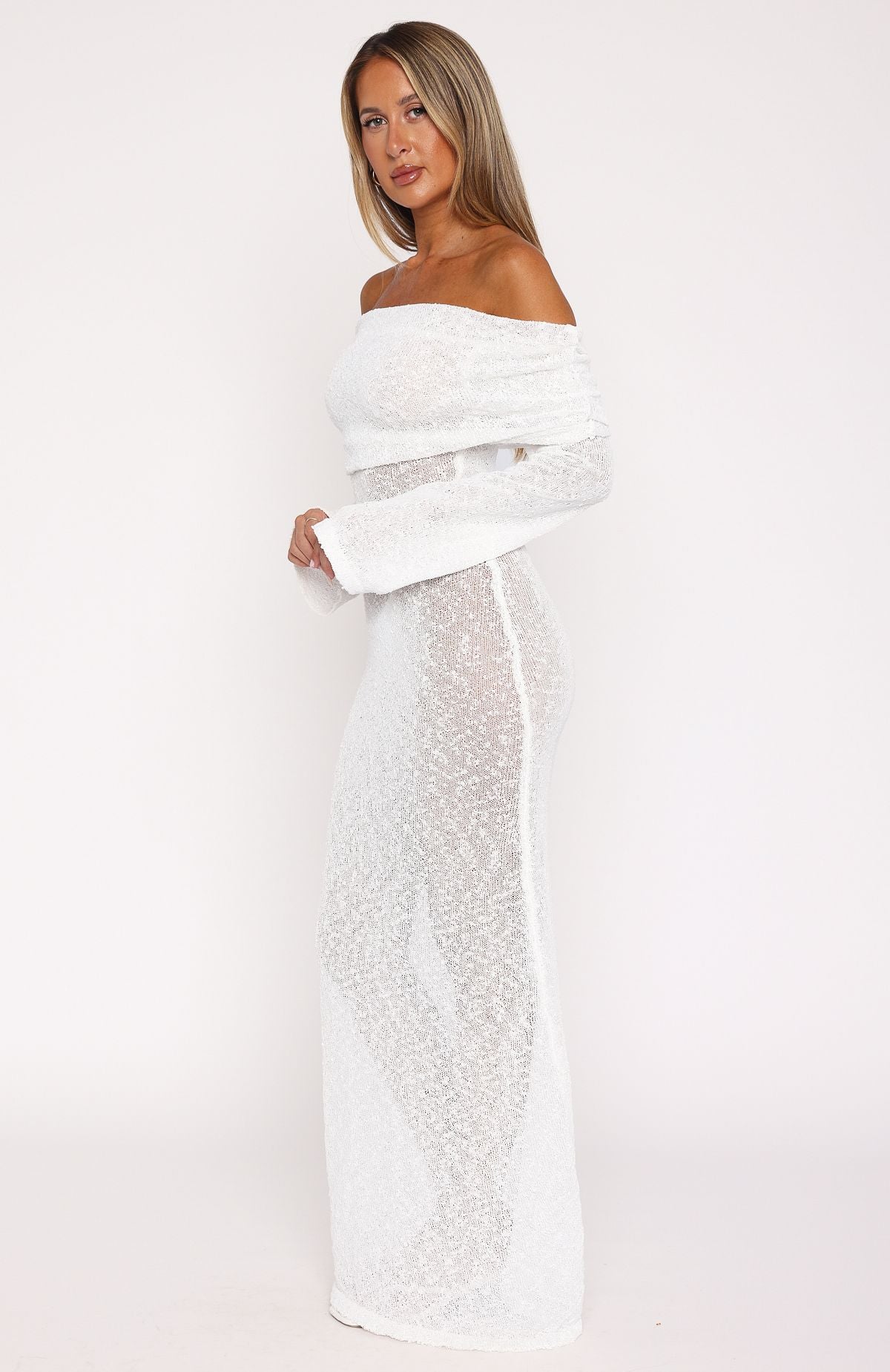 Premium Long Sleeve Boucle Maxi Dress - Ultimate Elegance in White