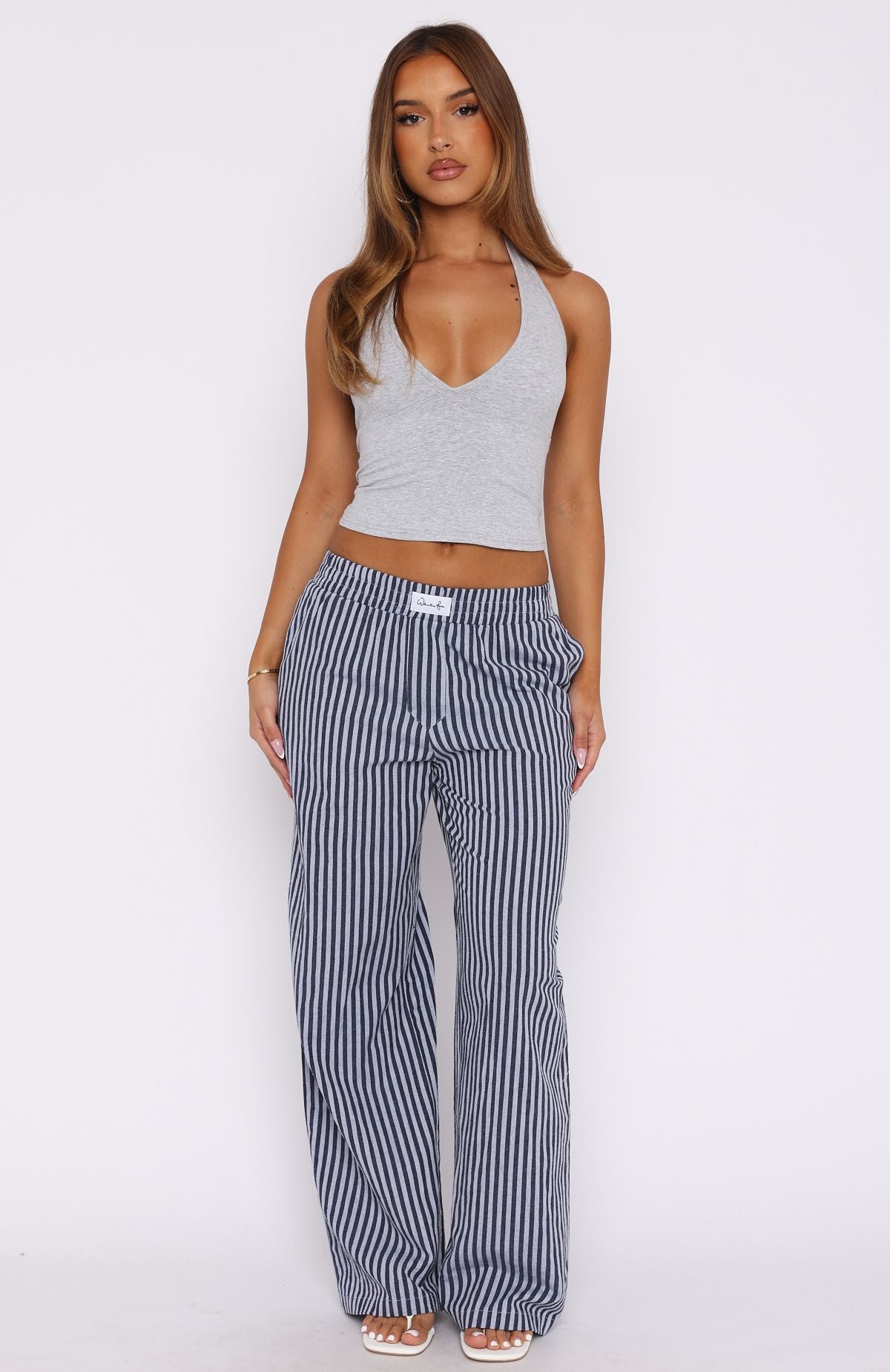 Premium Striped High-Waisted Pants - Navy