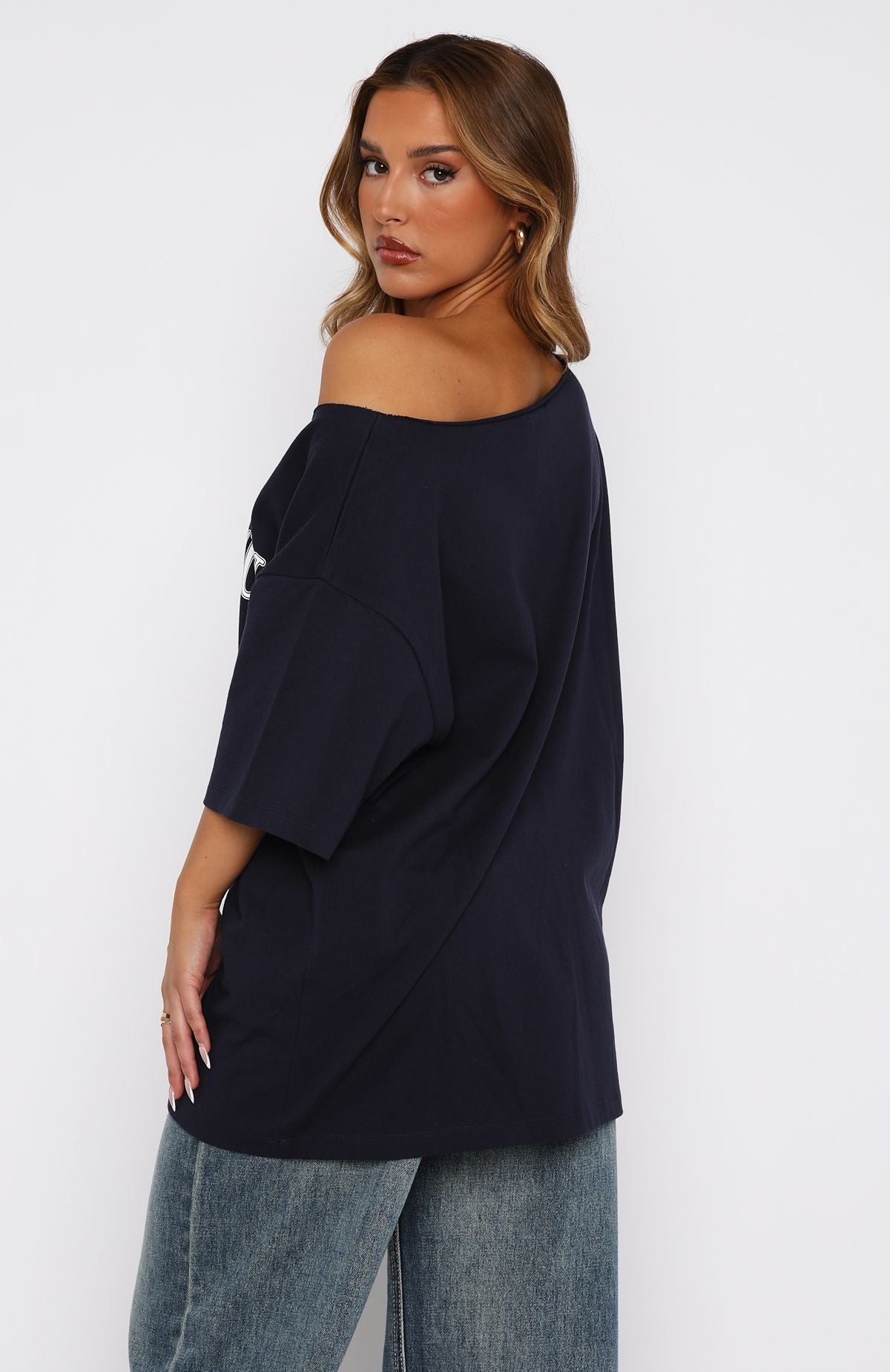 Premium Off-Shoulder Oversized Tee in Navy - Ultimate Chic Style