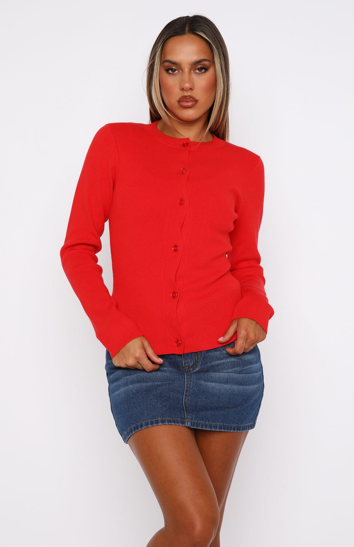 Premium Long Sleeve Knit Cardigan - Red