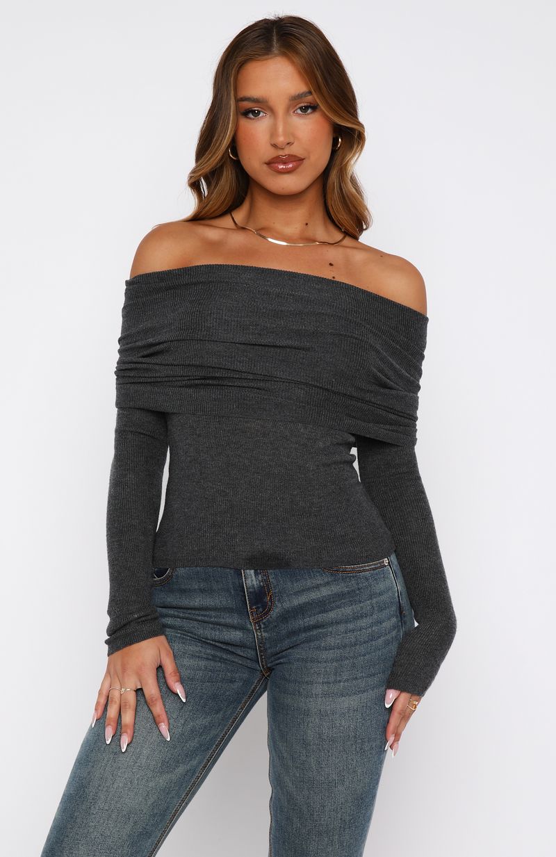 Premium Off-The-Shoulder Long Sleeve Top - Charcoal