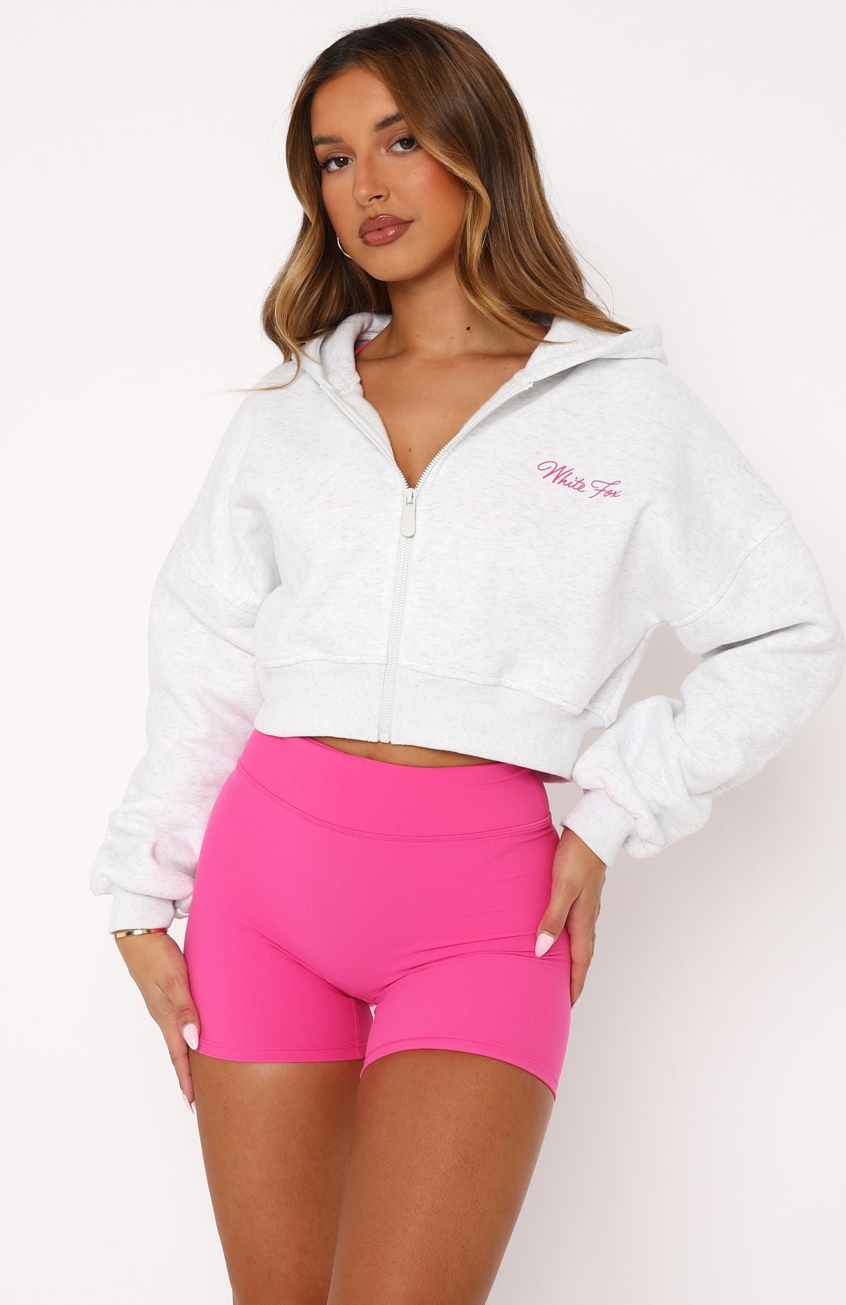 Ultimate Stepping Out Cropped Hoodie - Grey Marle & Pink