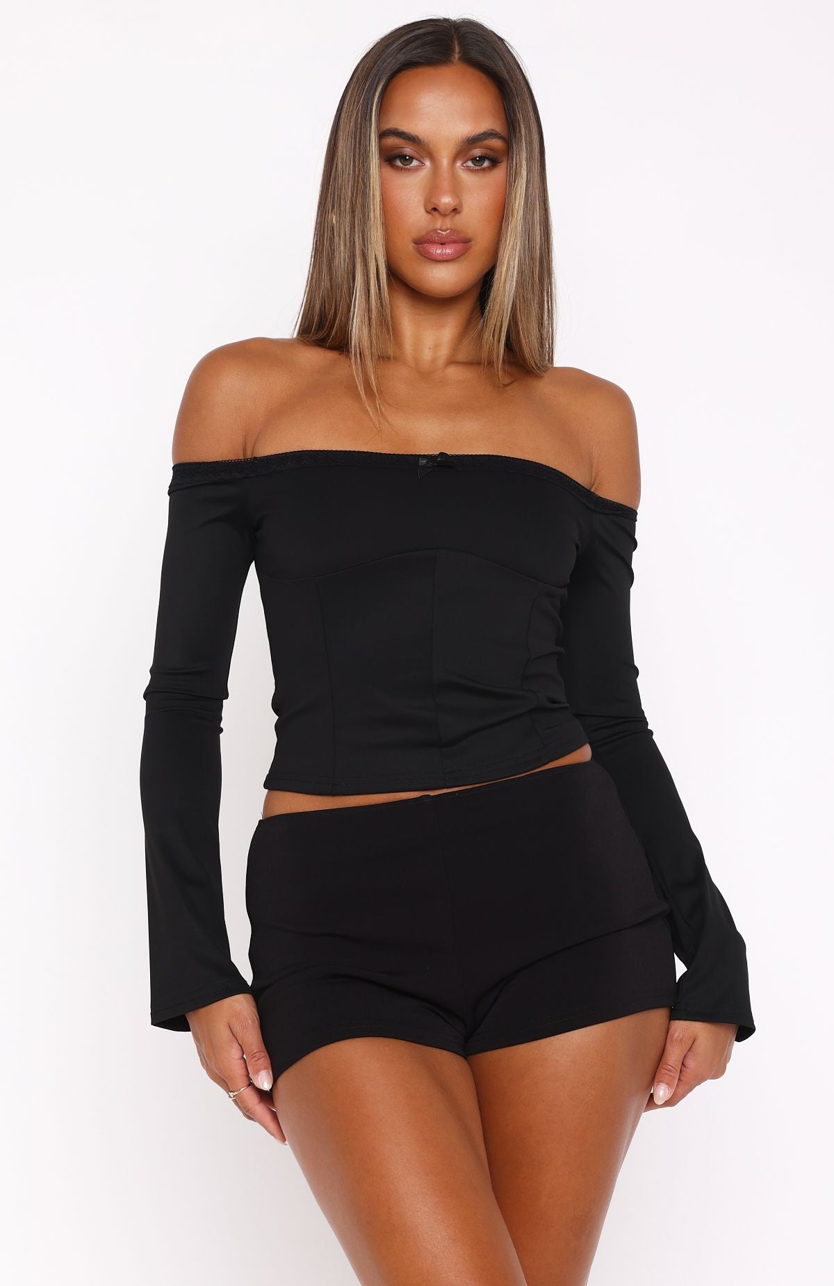 Premium Garden Party Off-Shoulder Long Sleeve Top - Black