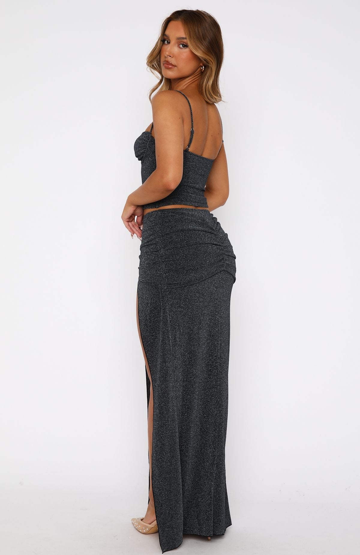 Premium Champagne Sparkle Maxi Skirt - Midnight Elegance