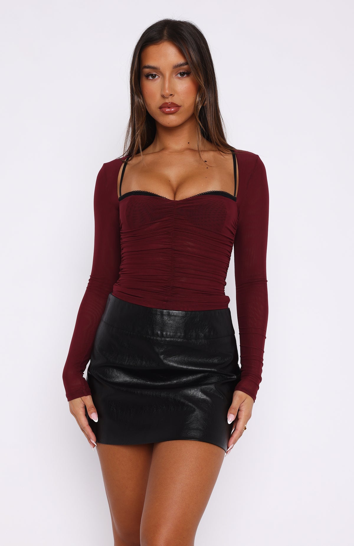 Premium Long Sleeve Bustier Top - Burgundy