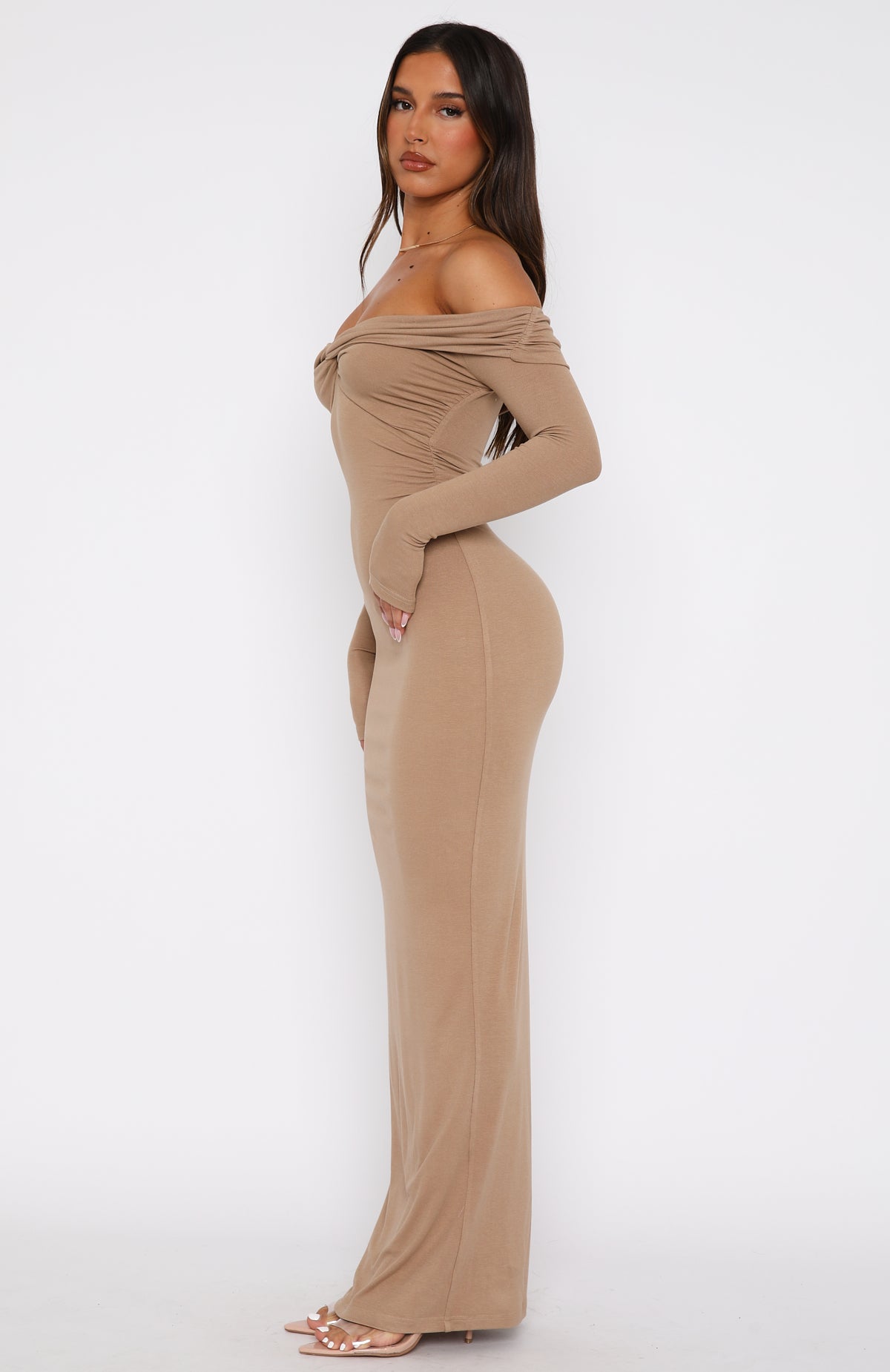 Premium Save It Long Sleeve Maxi Dress in Taupe