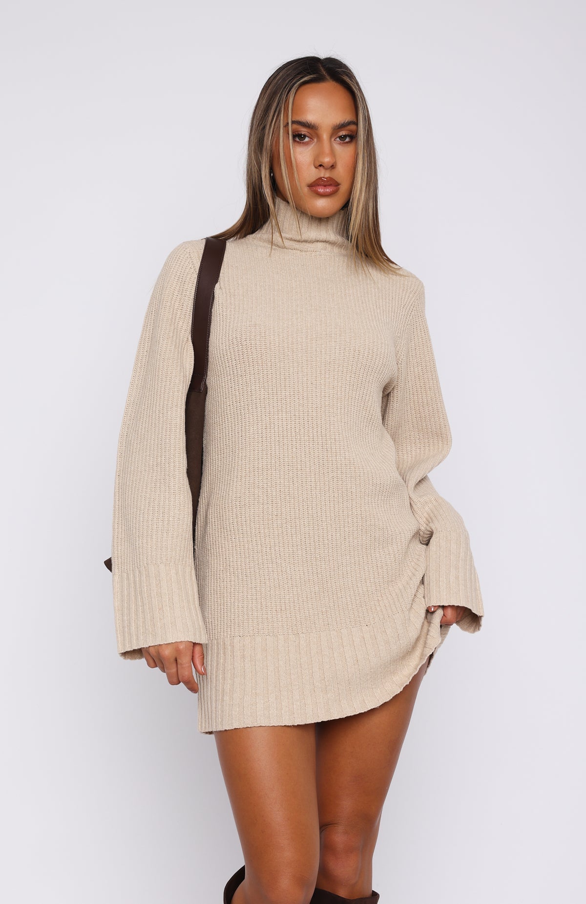 Premium Fireside Long Sleeve Knit Dress - Stone