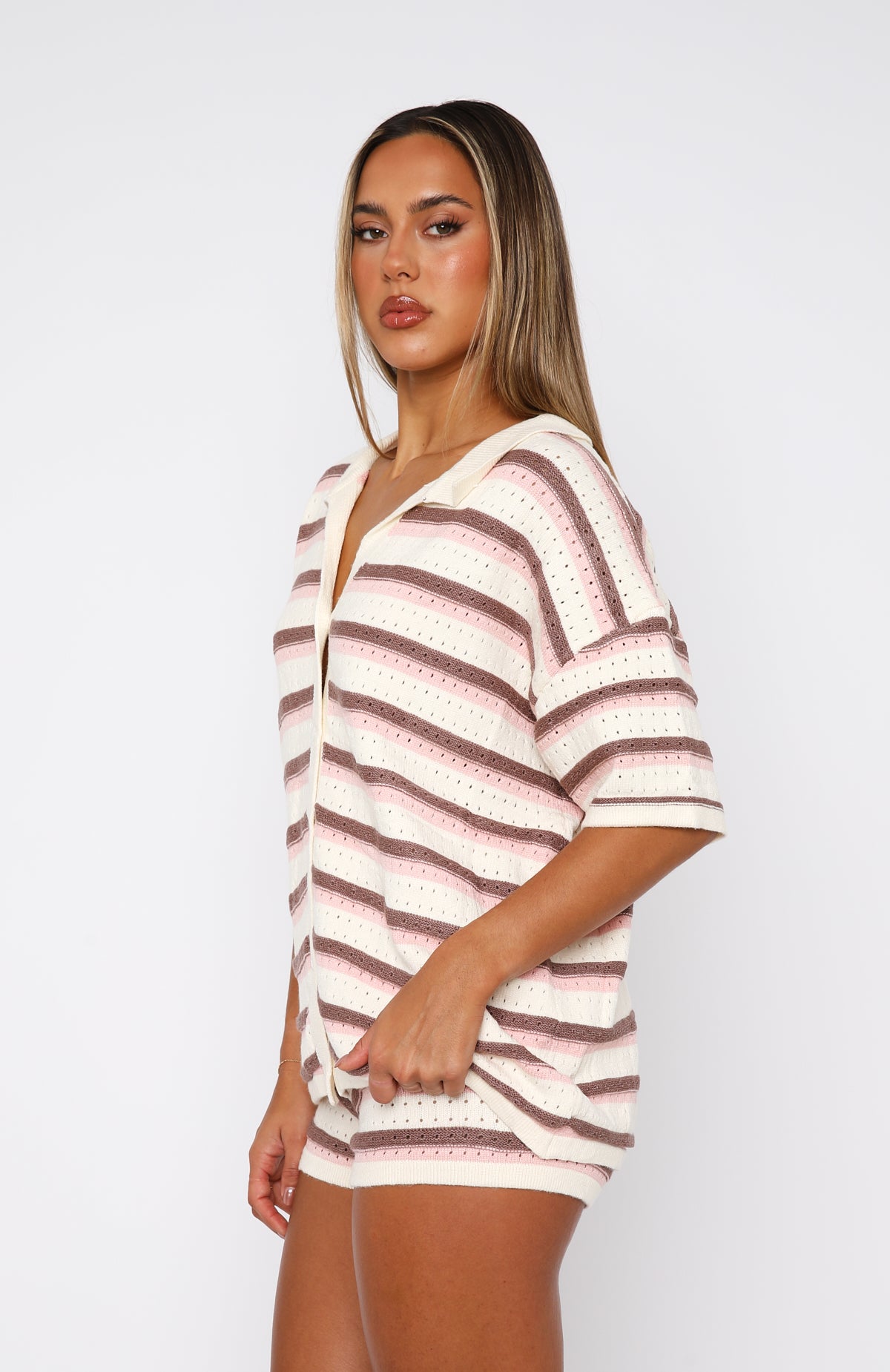 Premium Oversized Striped Shirt in Neutral Blush