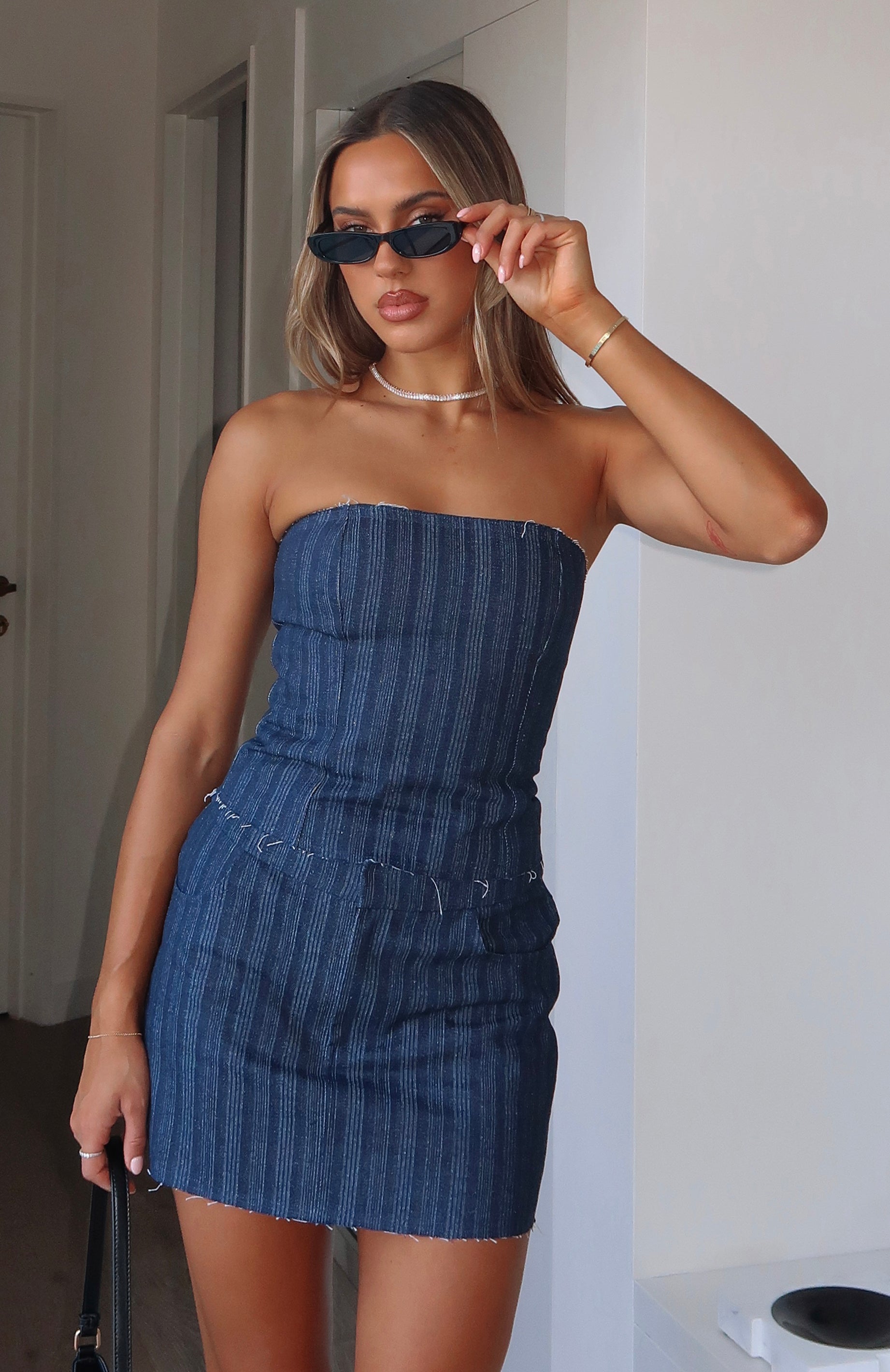 Premium Strapless Bustier Top in Navy - Ultimate Denim Chic