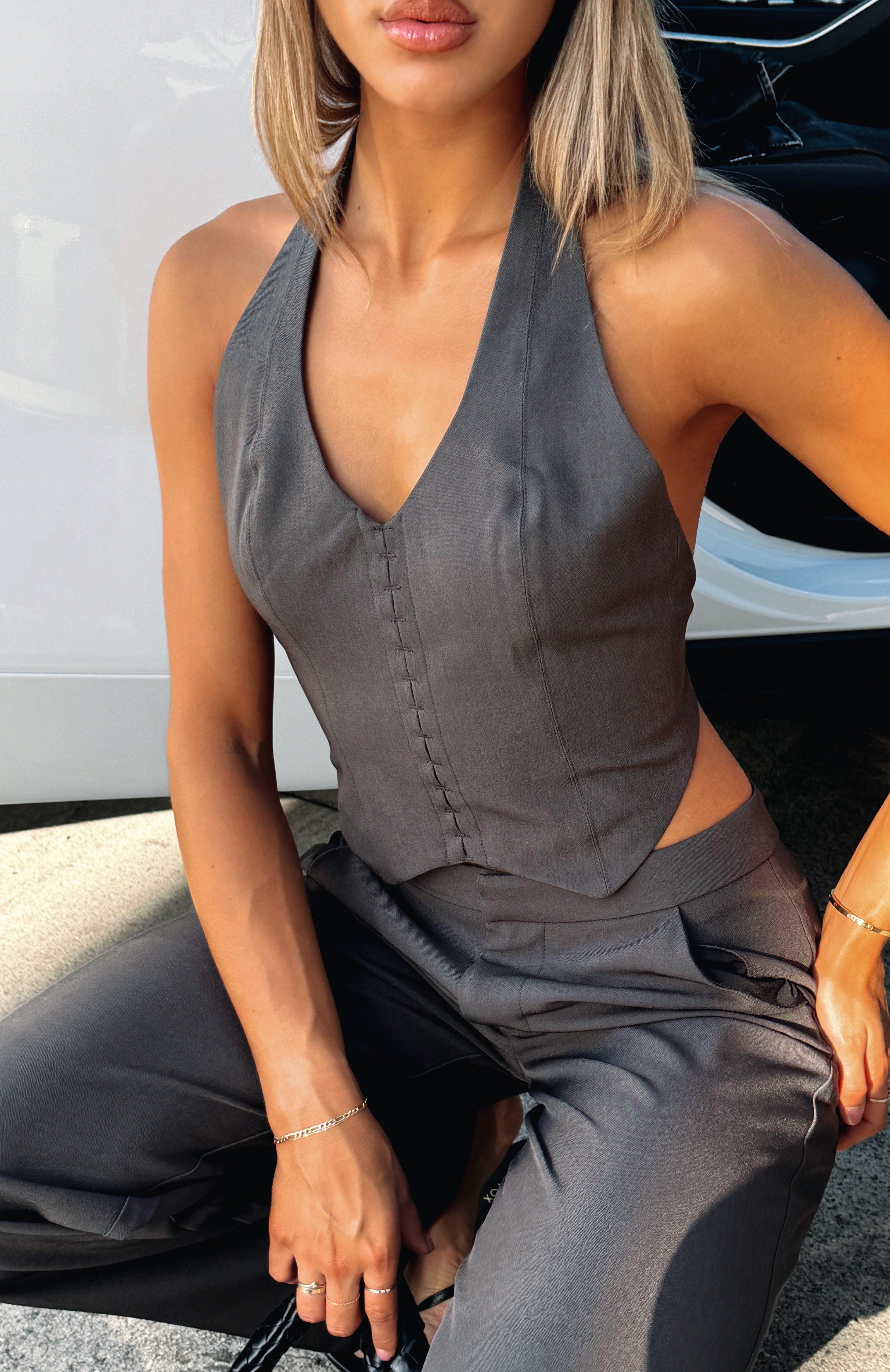 Premium 5th Avenue Halter Vest Top - Charcoal