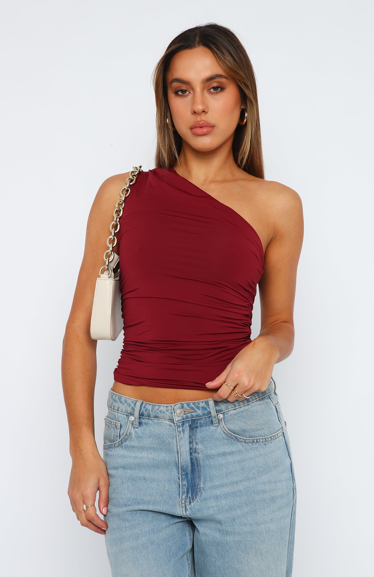 Premium One Shoulder Ruched Top - Wine Red