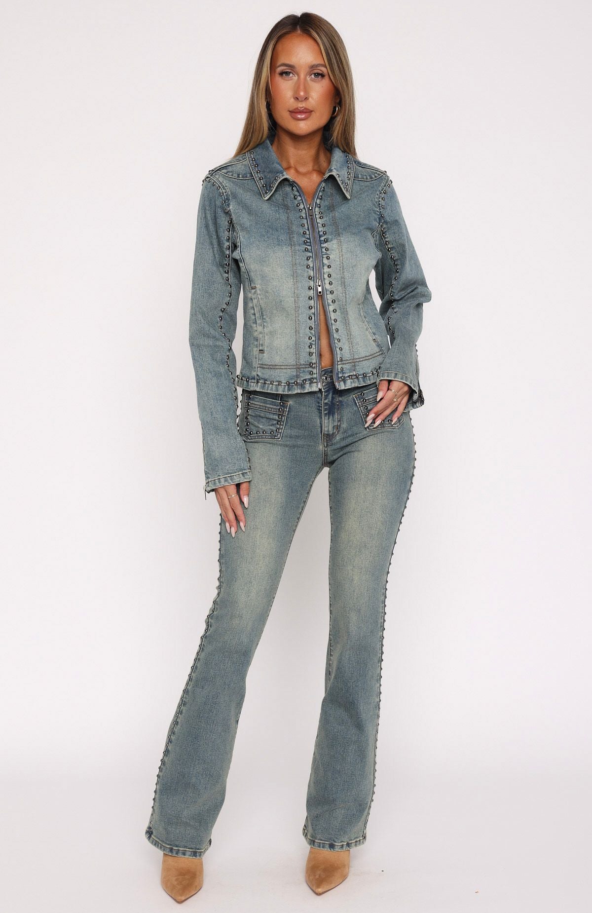 Premium Blake Low Rise Studded Flare Jeans - Brown & Blue