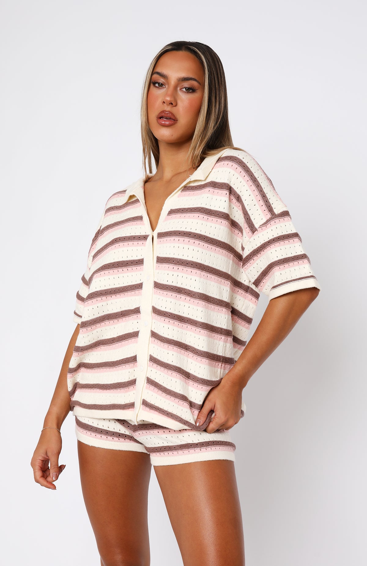 Premium Oversized Striped Shirt in Neutral Blush