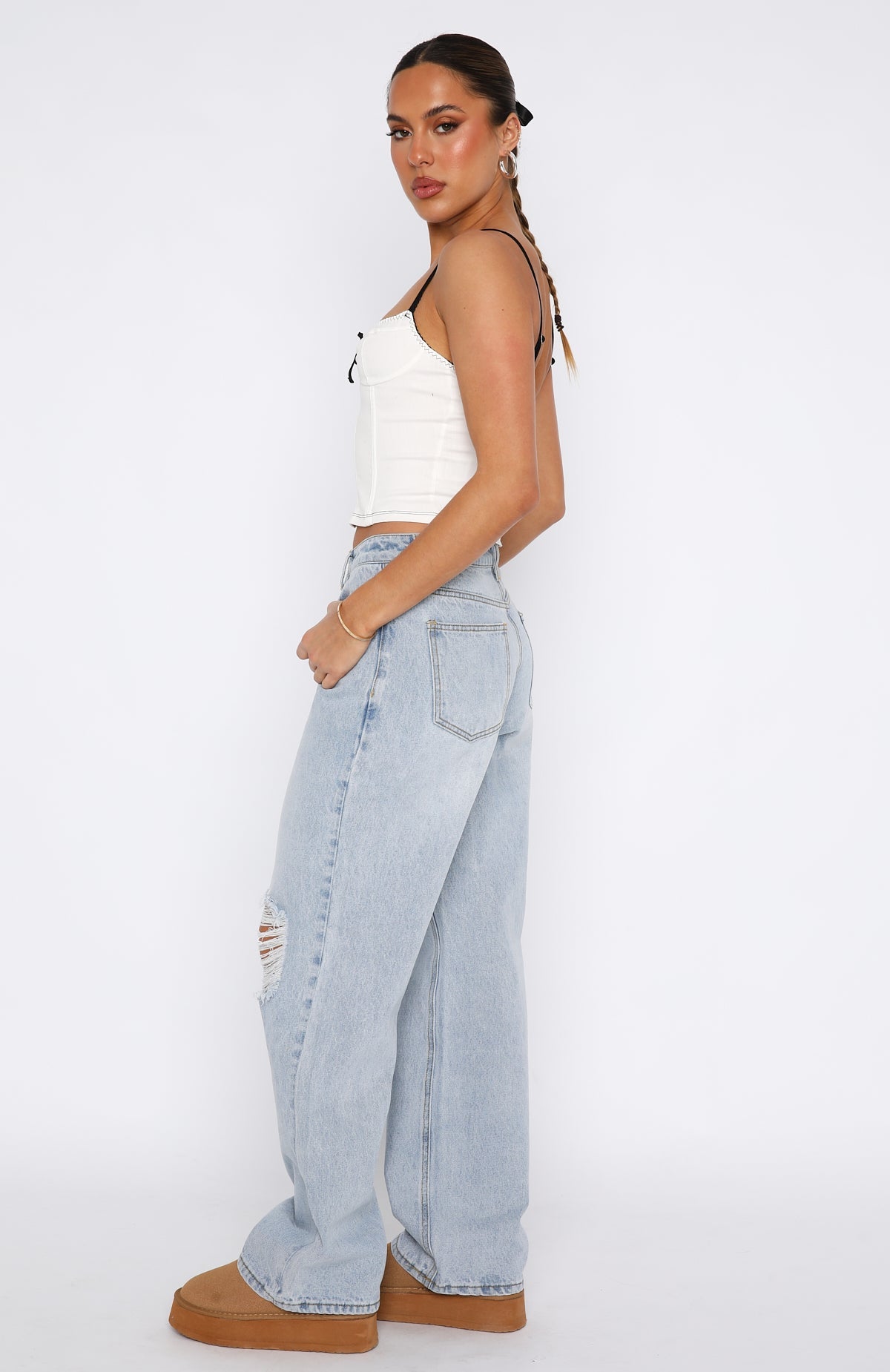 Premium Low Rise Wide Leg Jeans - Mid Blue Wash