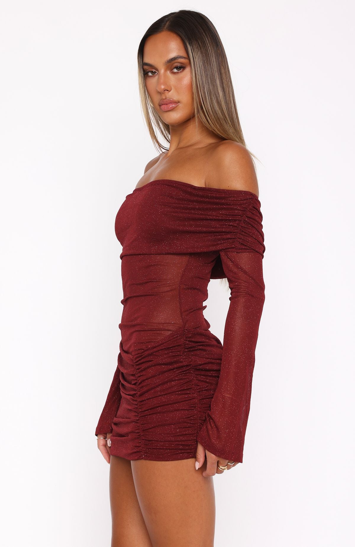 Ultimate Glamour Long Sleeve Mini Dress - Burgundy Iridescent