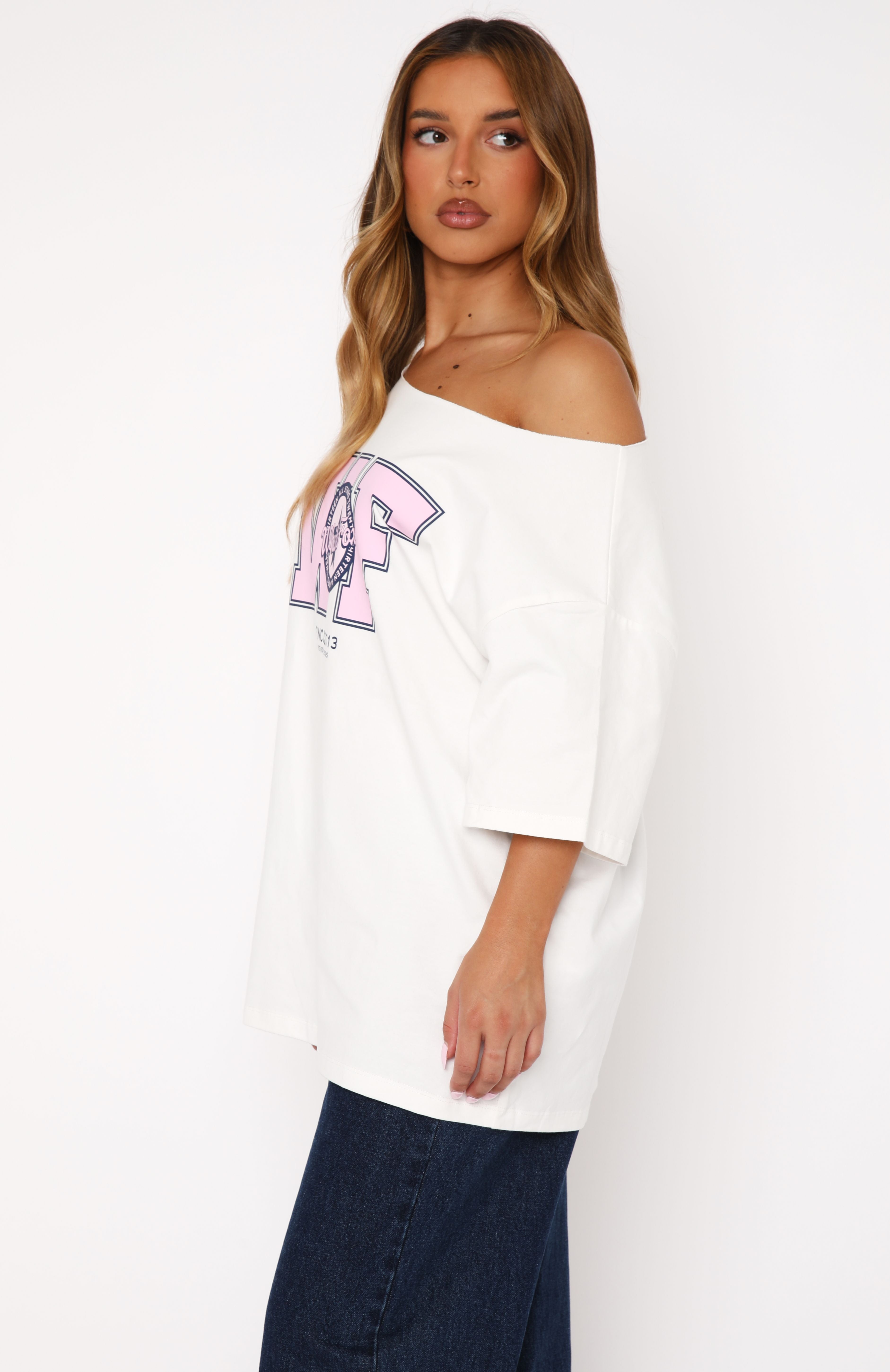 Premium Off-Shoulder Oversized Graphic Tee - White