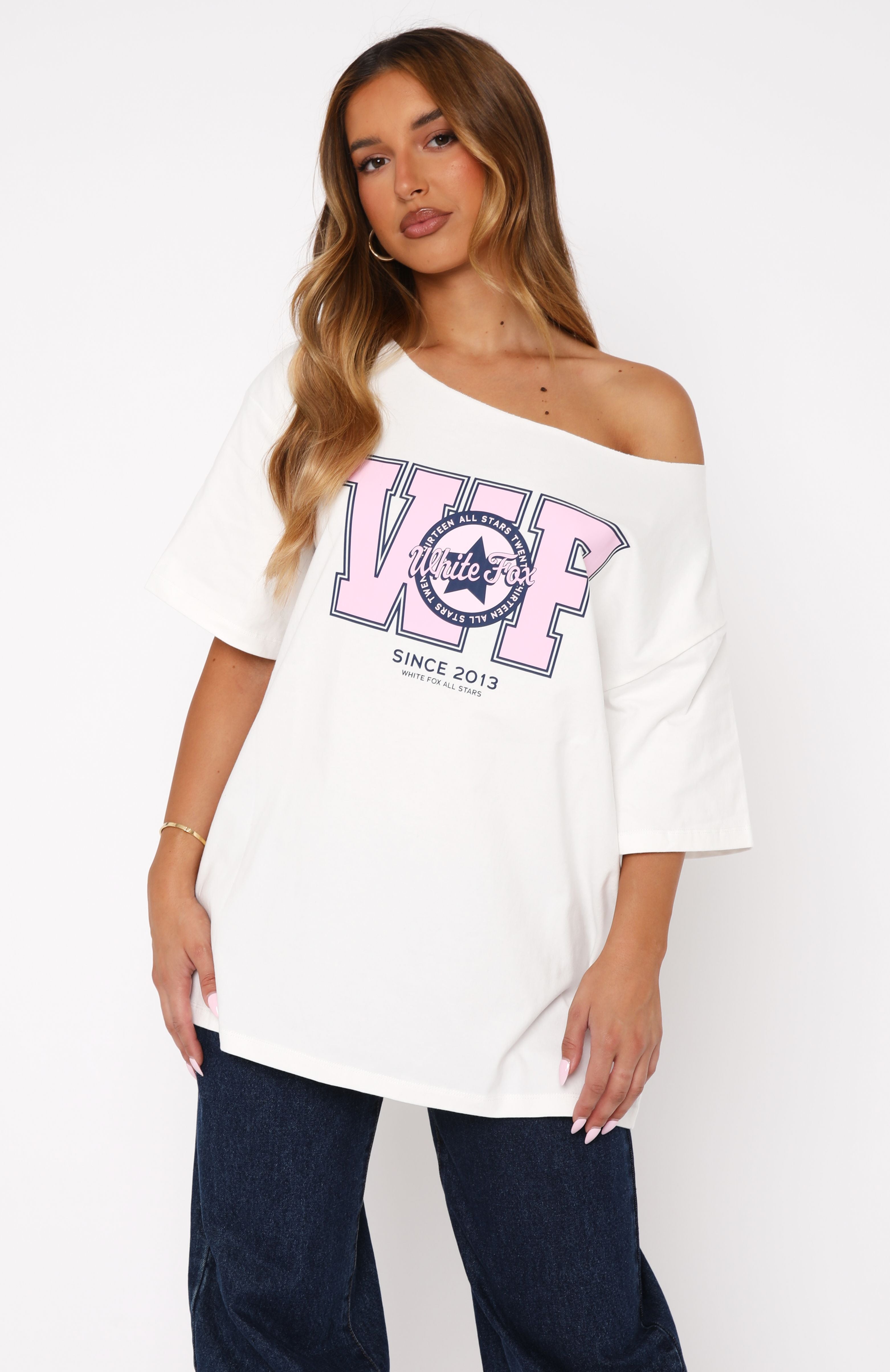 Premium Off-Shoulder Oversized Graphic Tee - White