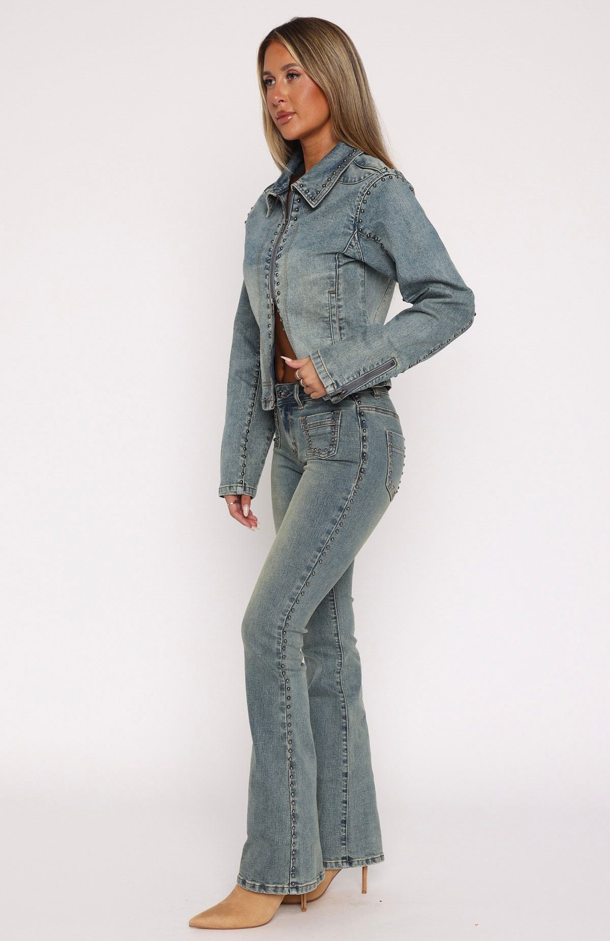Premium Blake Low Rise Studded Flare Jeans - Brown & Blue