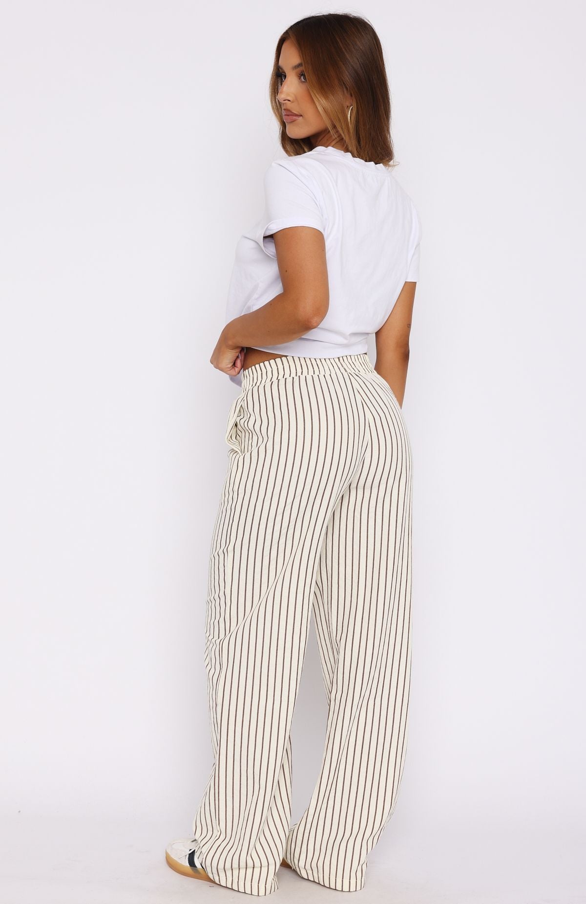 Premium Striped High-Waisted Pants - Cream/Chocolate