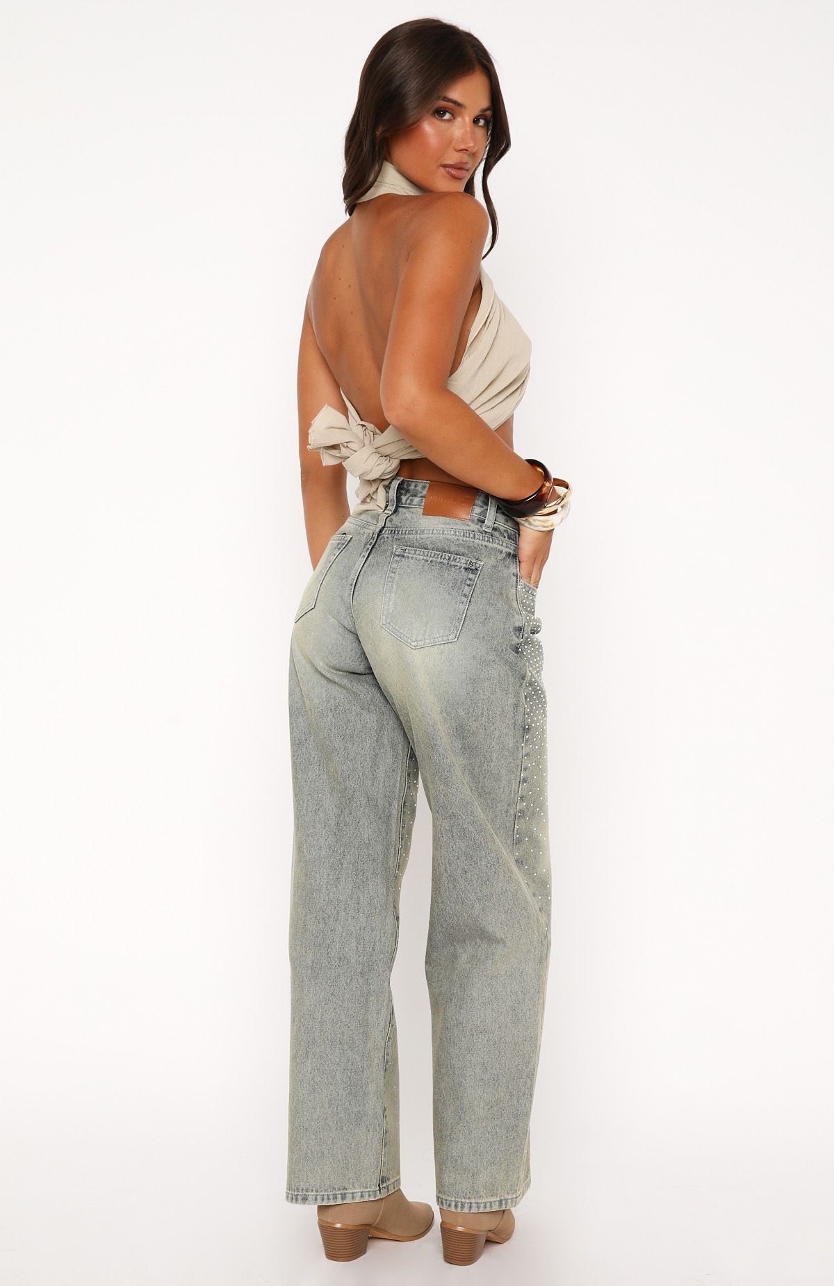 Premium Luna Low Rise Wide Leg Jeans in Washed Sand