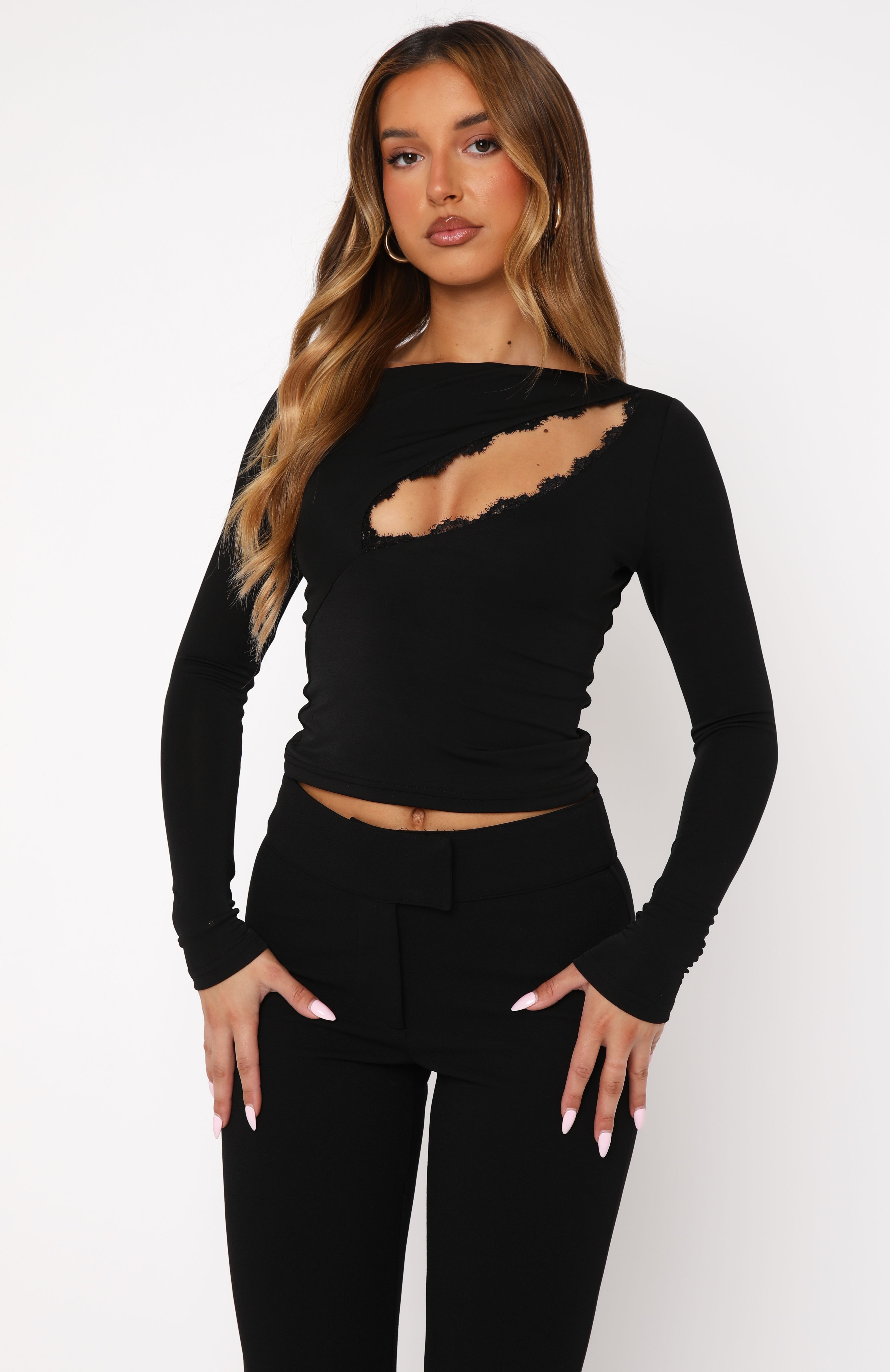 Premium Long Sleeve Lace Trim Top - Black