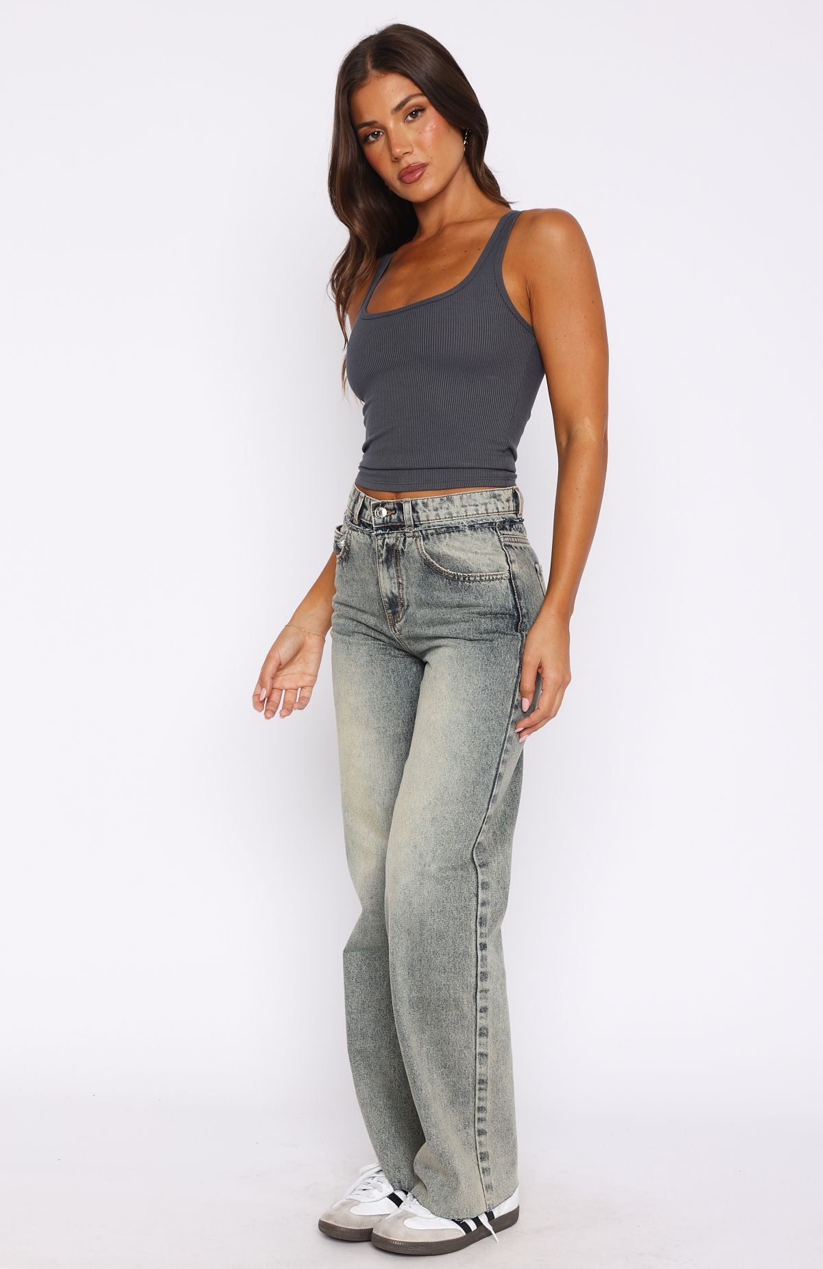 Premium Mid Rise Straight Leg Jeans - Sand Wash