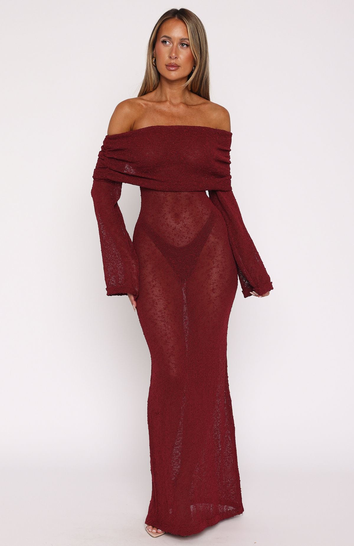 Premium Burgundy Boucle Maxi Dress - Long Sleeve Off-Shoulder Design