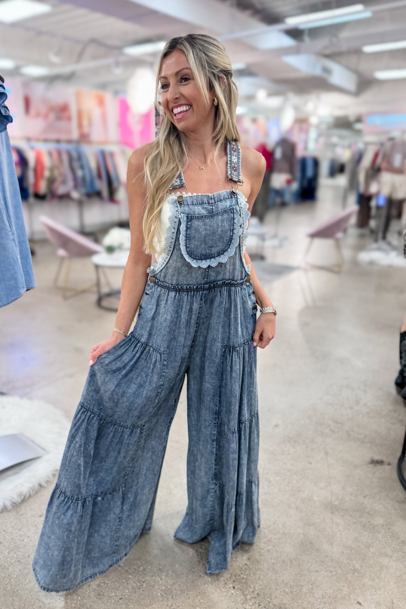 PREORDER (Ships March) - Free Spirit Lace Trim Denim Overalls Jumpsuit - Premium Casual Wear