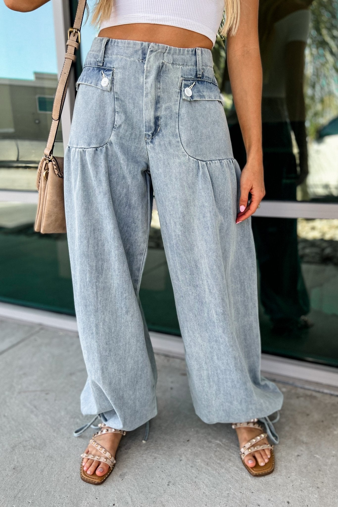 Premium Boho Mineral Washed Denim Wide-Leg Pants