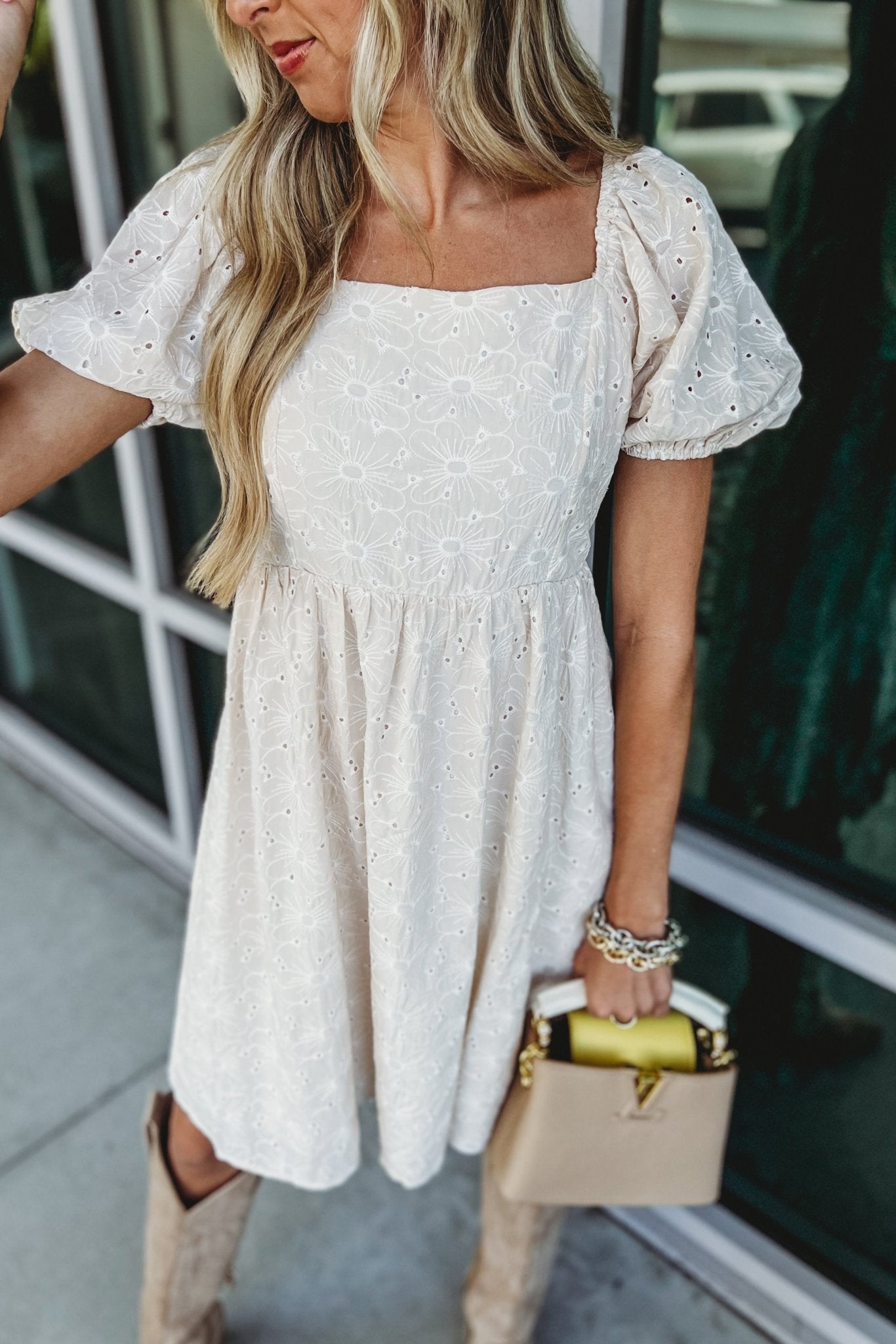 Premium Ivory Meadow Eyelet Puff Sleeve Dress - Ultimate Elegance