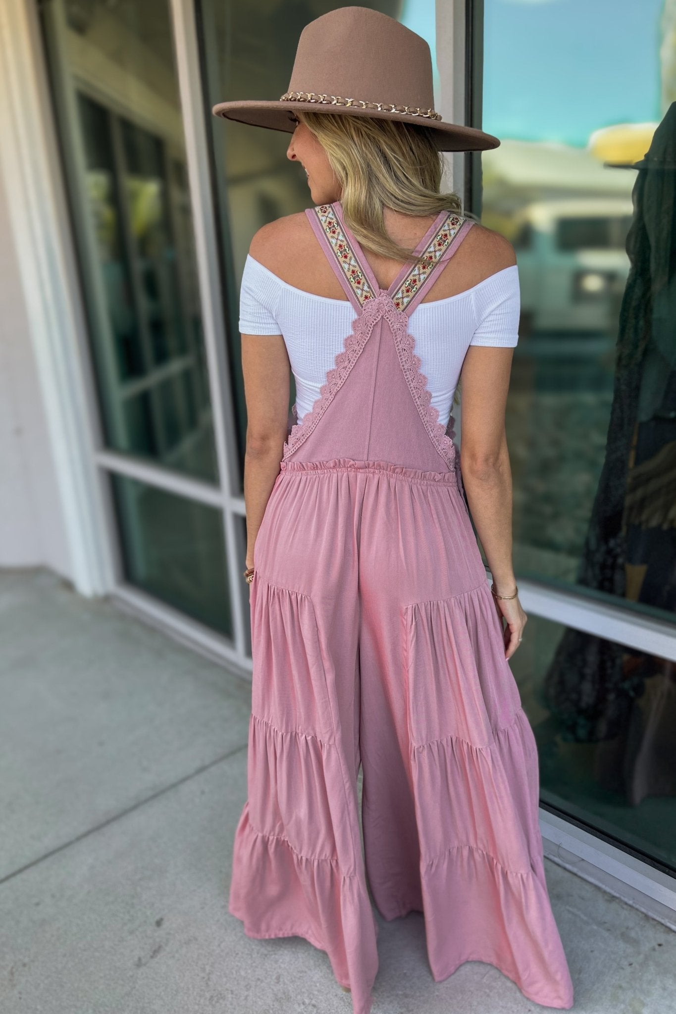 Premium Boho Lace Trim Wide Leg Overalls - Rose Pink