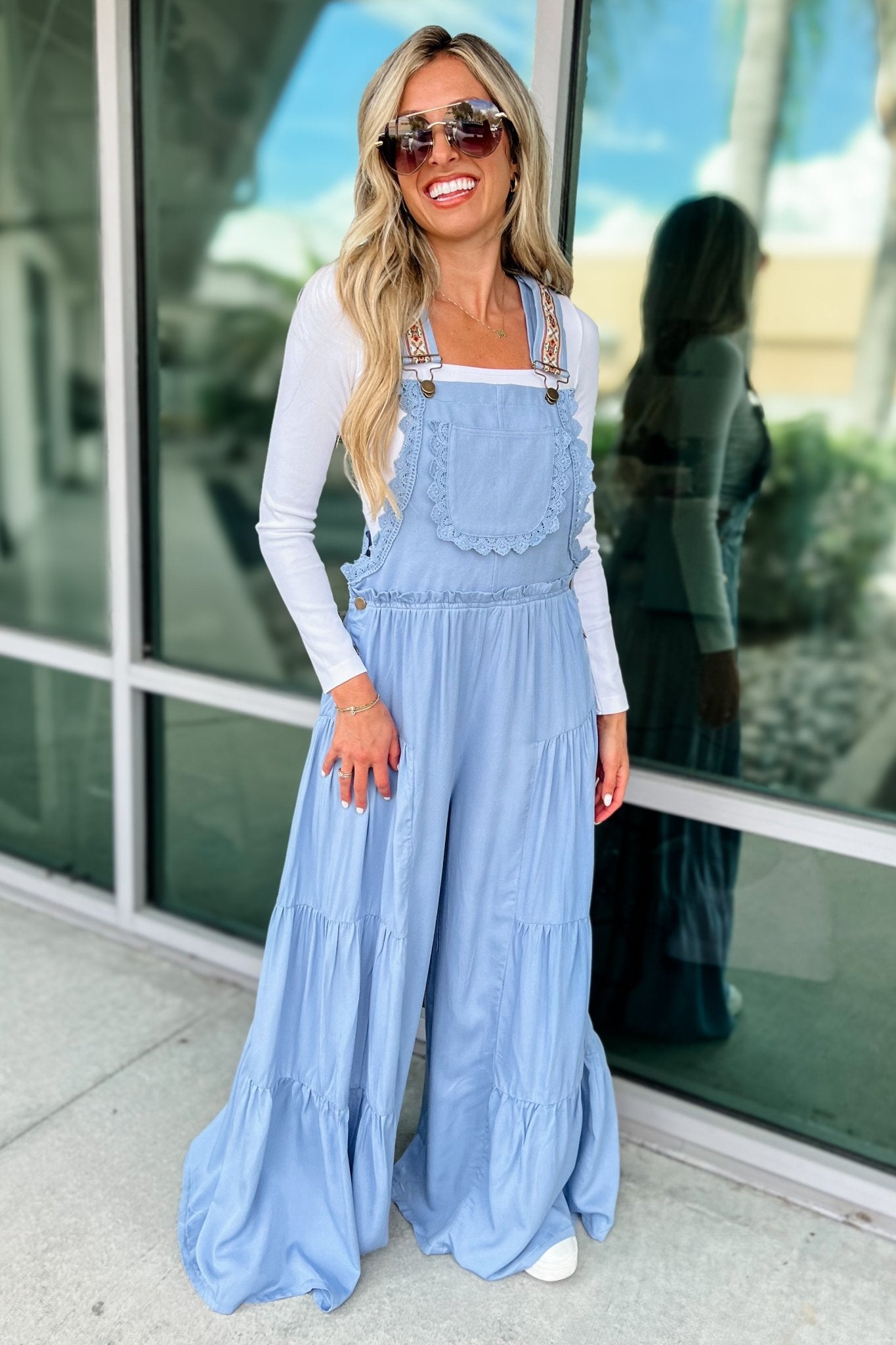 Premium Boho Lace Trim Wide Leg Overalls in Light Blue