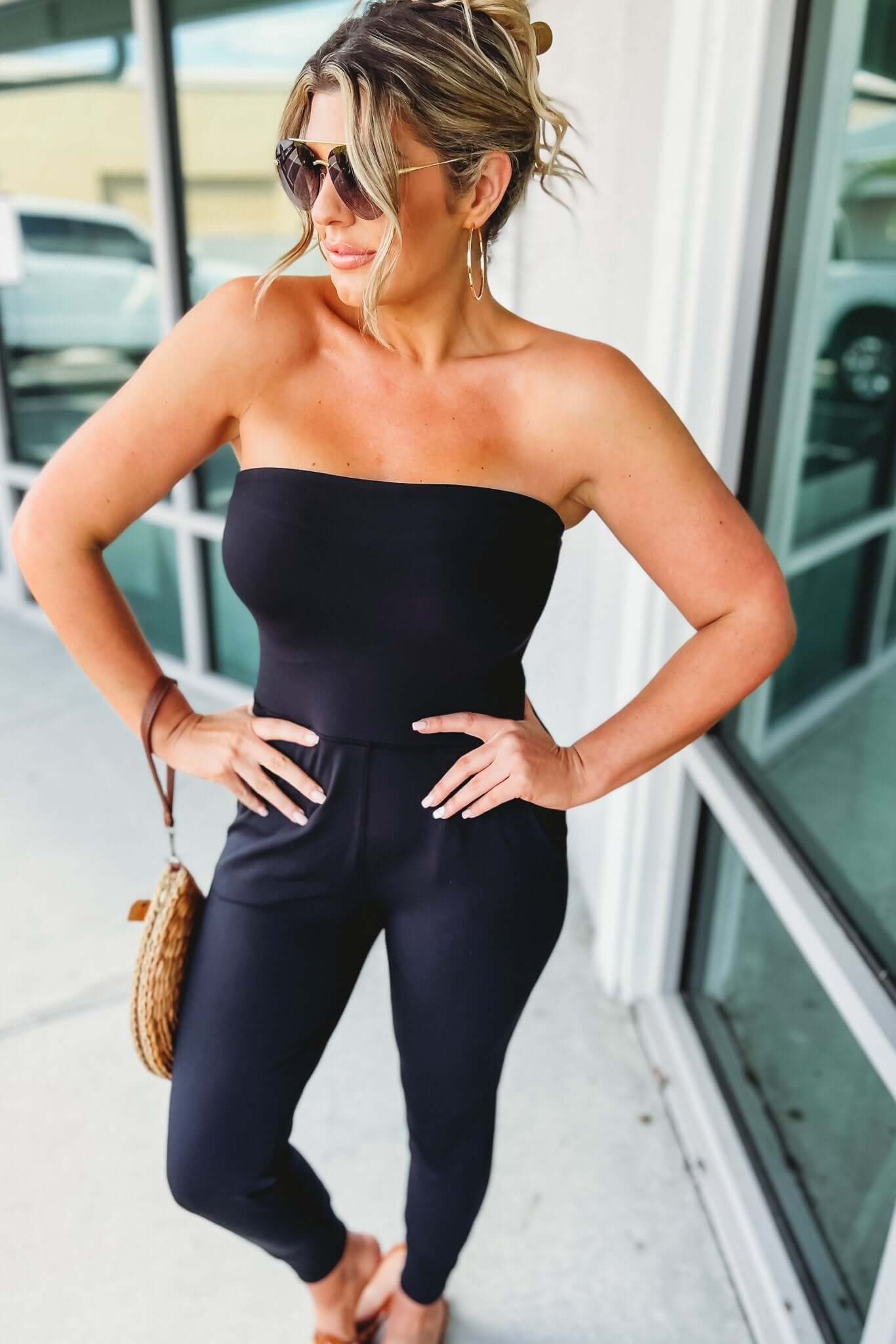 Ultimate Confidence Boost: Premium Strapless Black Jumpsuit