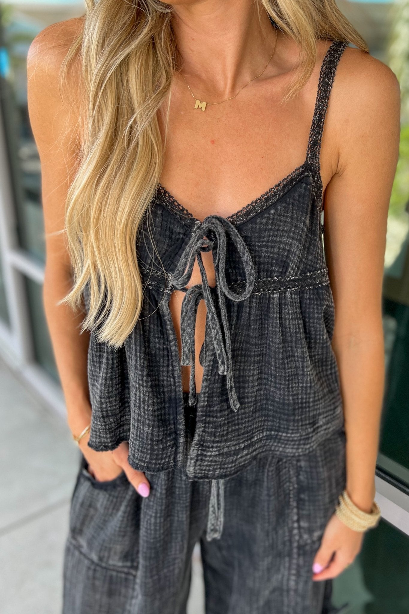 Premium Luna Tie-Front Boho Top in Ash Black