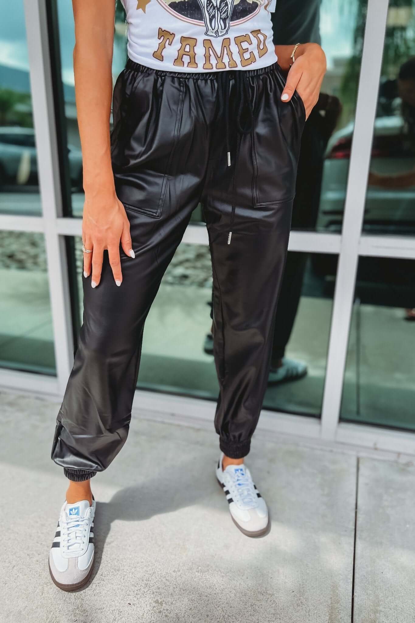 Premium Black Faux Leather Joggers with Pockets