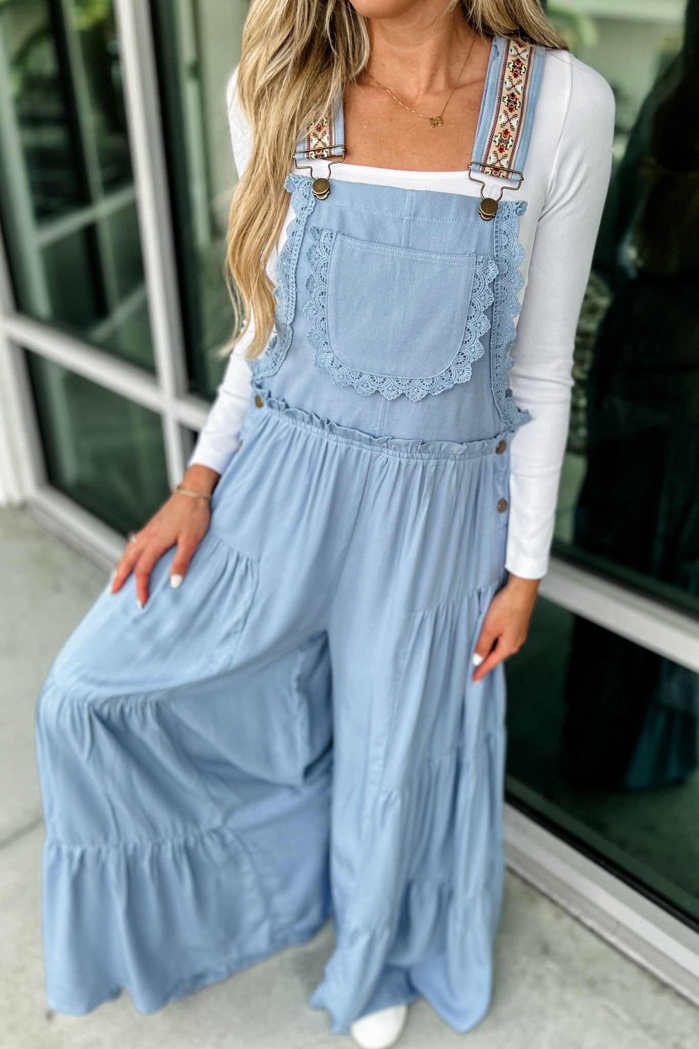 Premium Boho Lace Trim Wide Leg Overalls in Light Blue