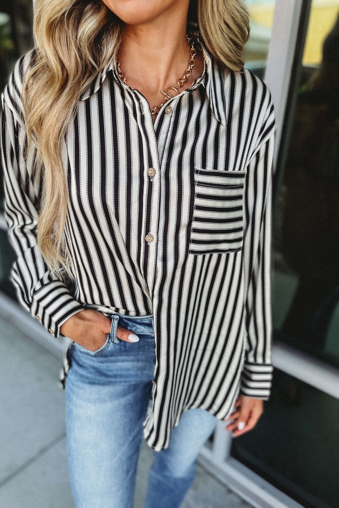 Premium Satin Striped Button-Down Top for Women