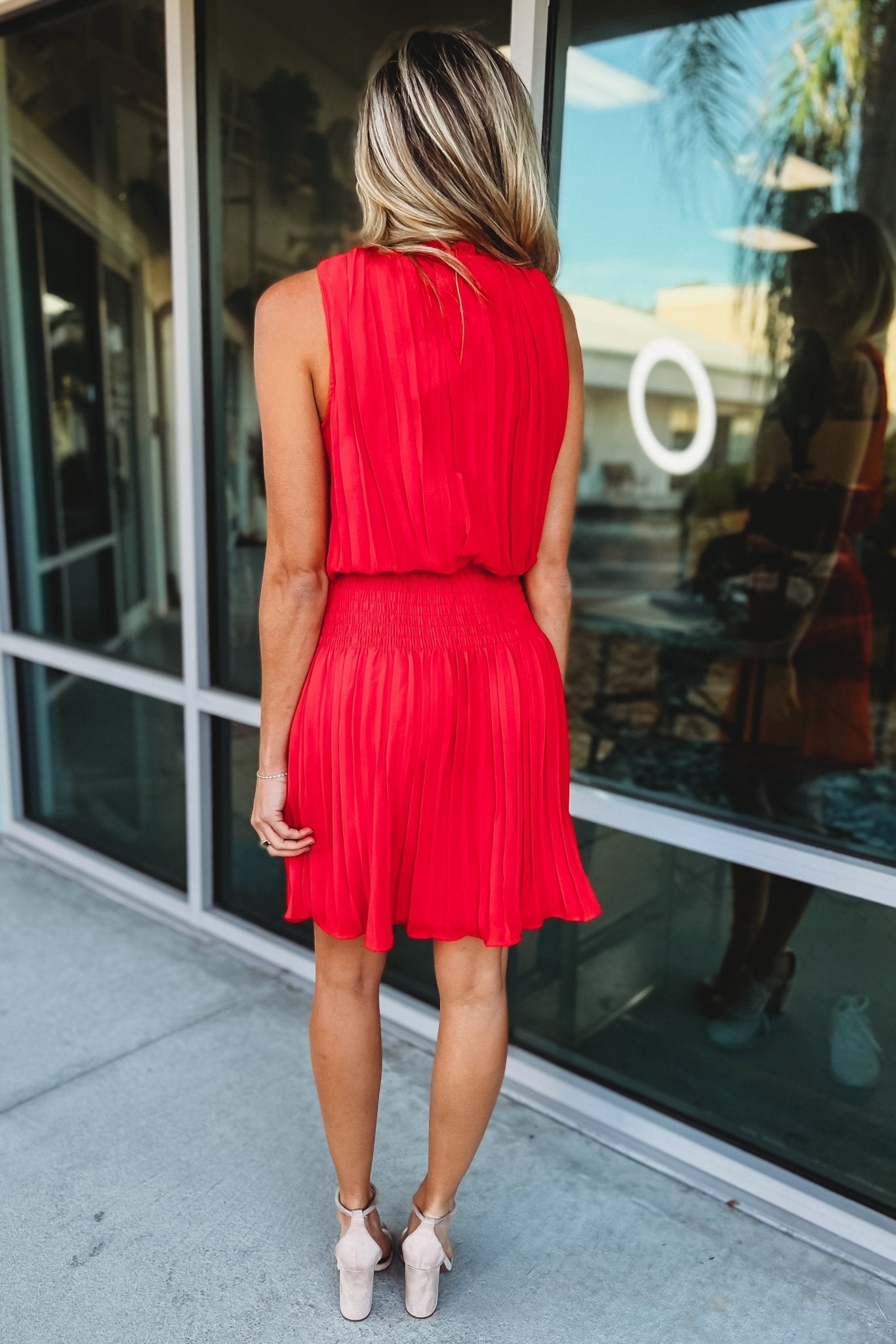 Premium Coral Red Pleated Dress - Where the Heart Is