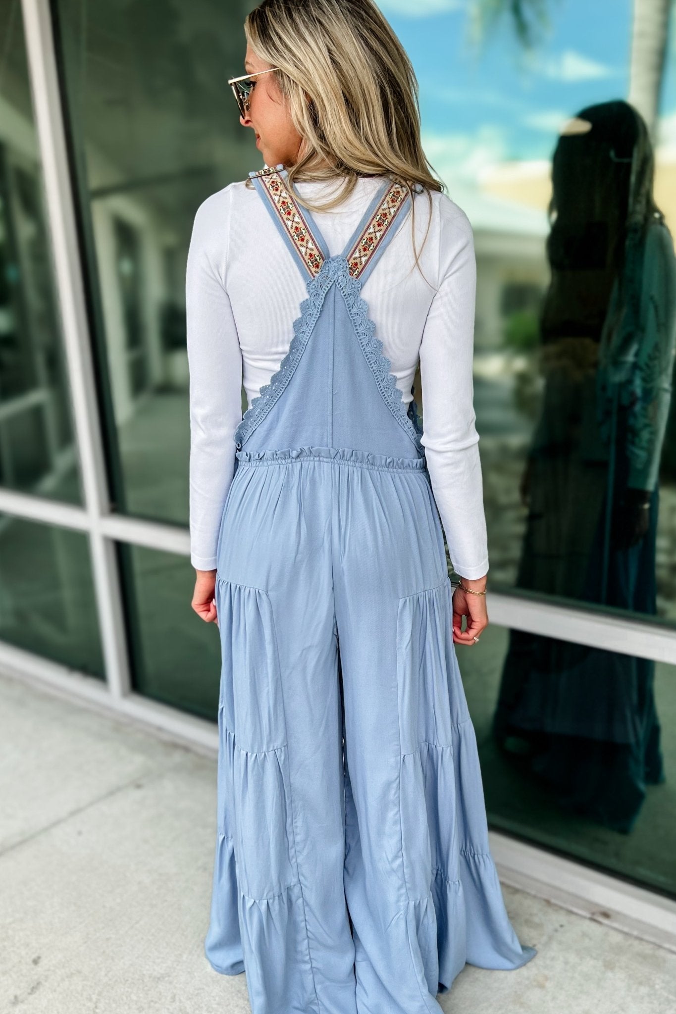 Premium Boho Lace Trim Wide Leg Overalls in Light Blue