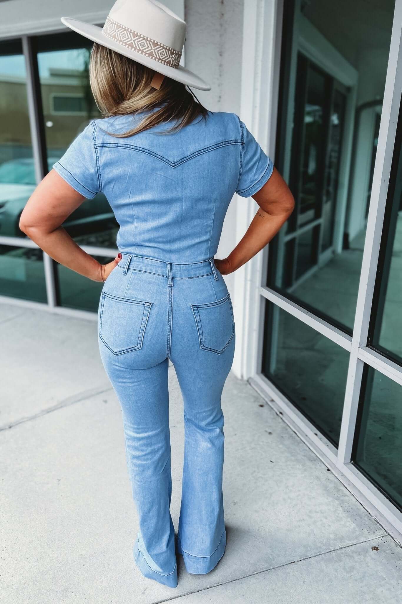 The Ultimate Kelly Denim Flare Jumpsuit - Premium Stretch Fit