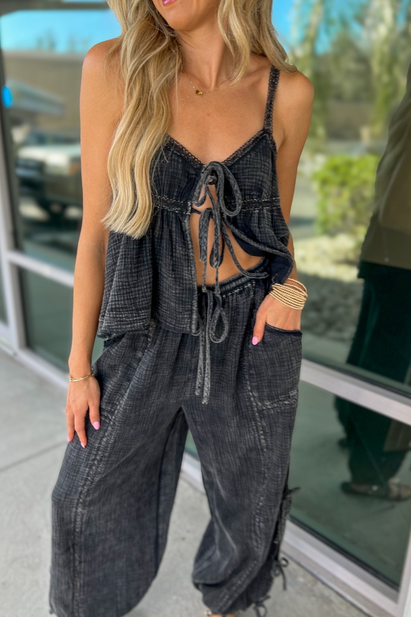 Premium Luna Tie-Front Boho Top in Ash Black